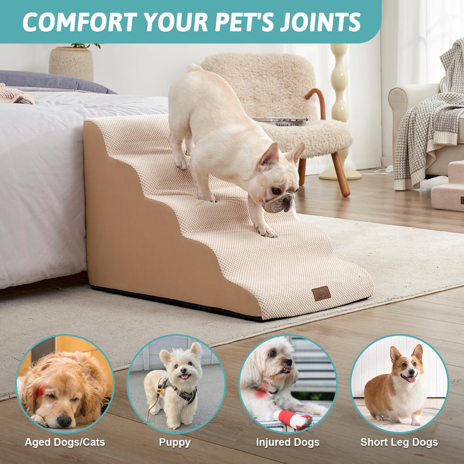 COZY KISS Extra Wide Dog Stairs - 5 Step Foam Pet Ramp, 19.7"x33"x22.4", Beige, for Small Medium/Large Dogs, High Bed/Car