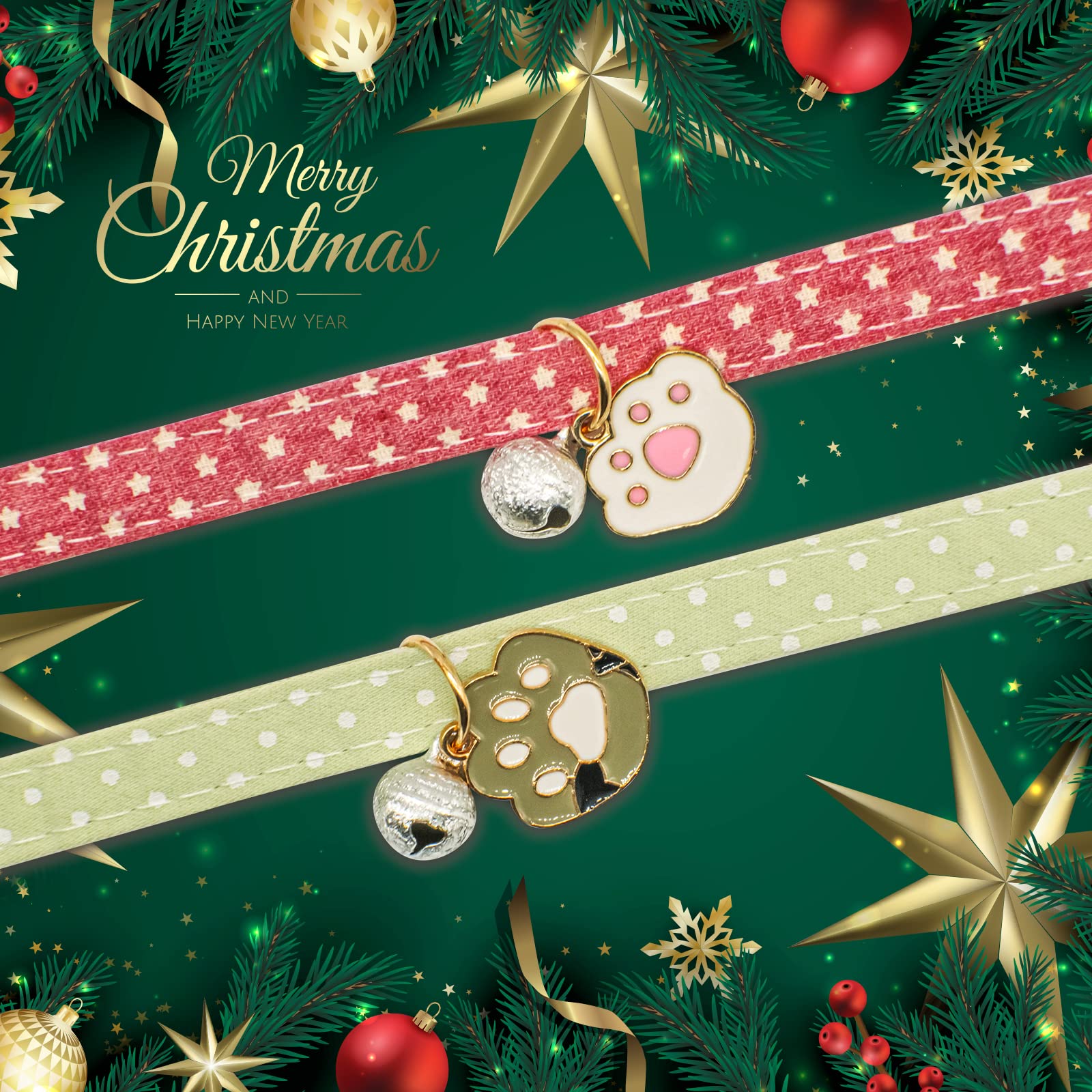 2 Pack Cotton Breakaway Cat Collar With Bell Pink & Green Paw Pendant Cute Kitten Cat Collar Suitable For Girls And Boys