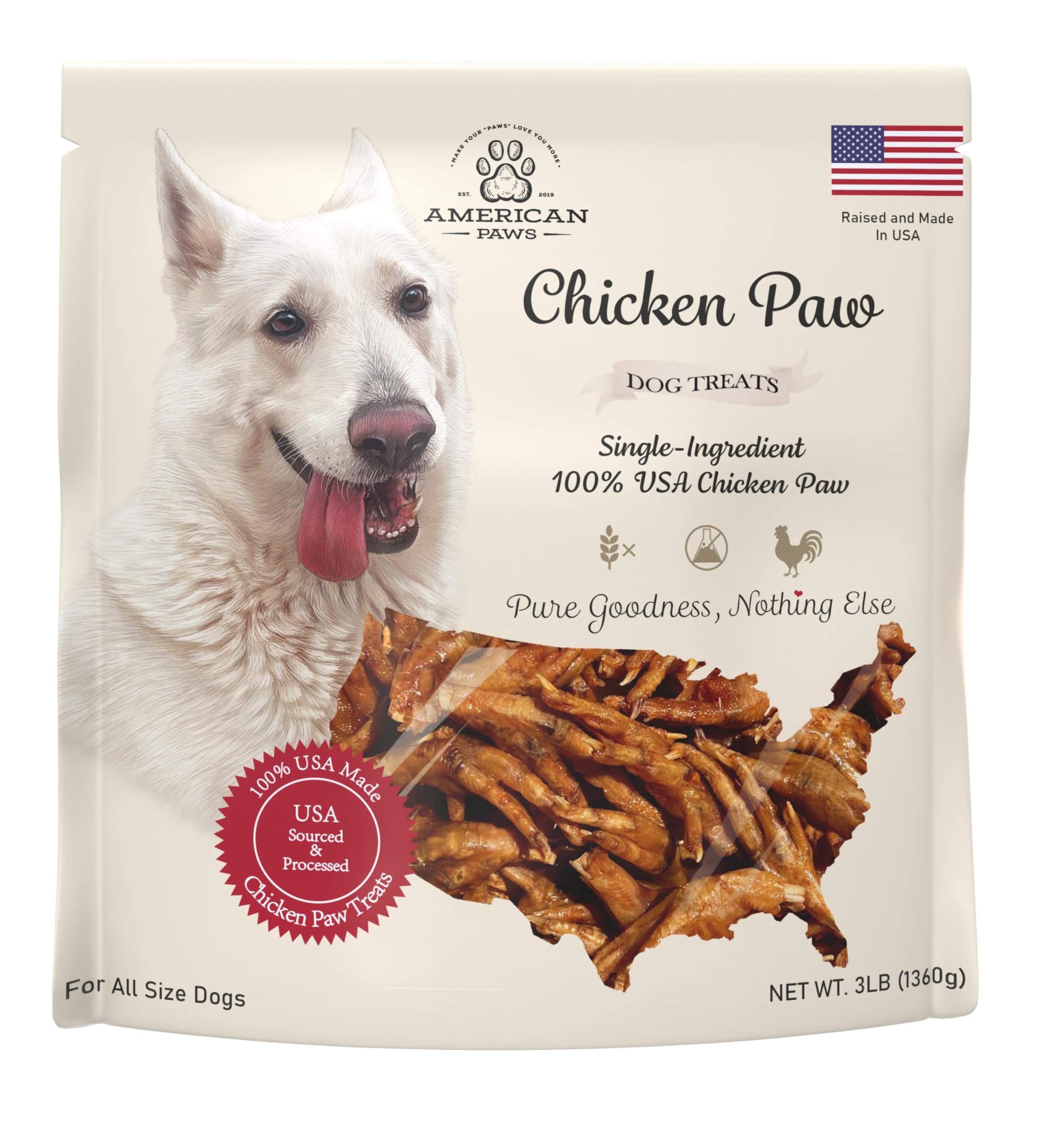 American Paws Dehydrated Chicken Feet Dog Treats, Only One Ingredient, No Additives, Made and Sourced in USA (3LB)