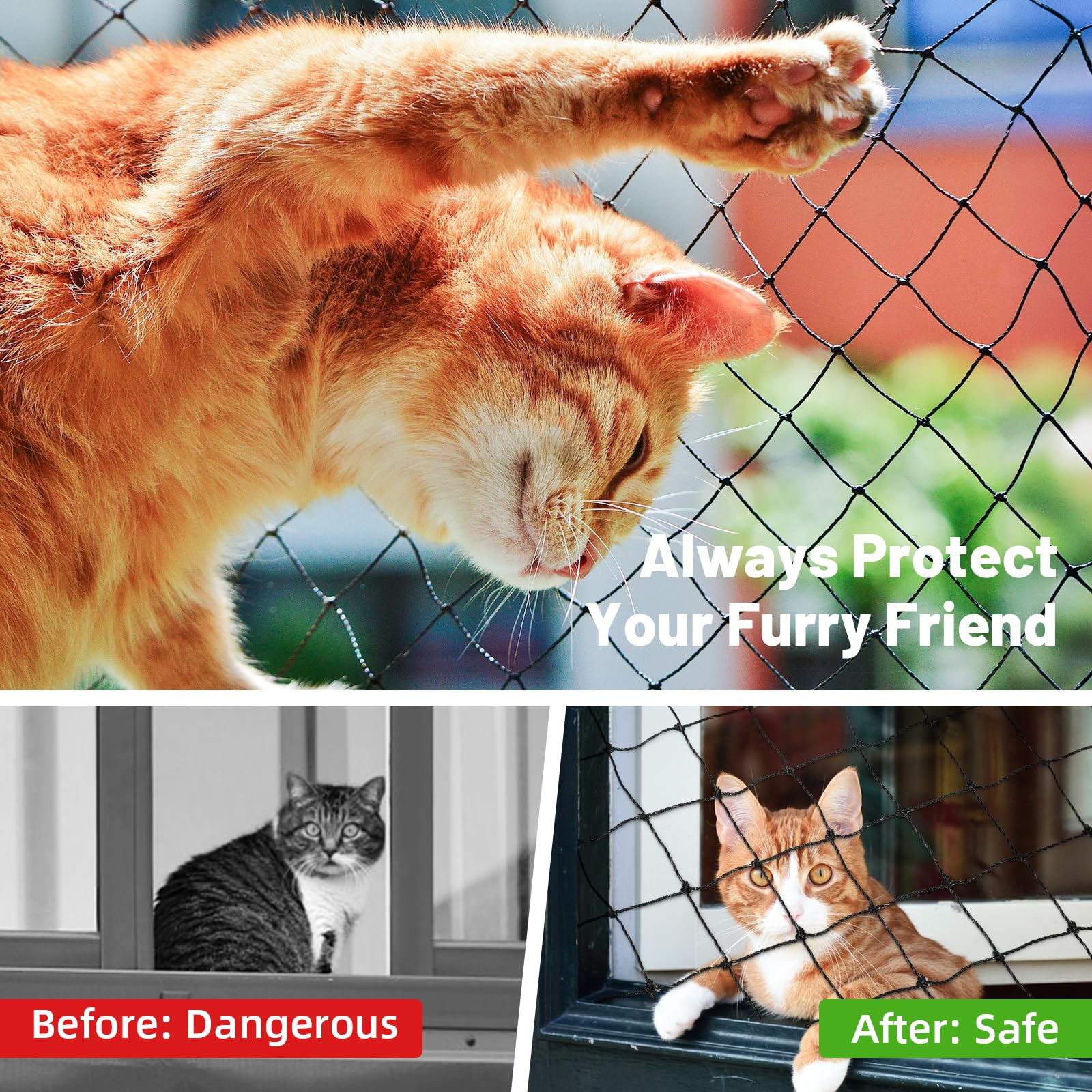 Lewondr Cat Netting Balcony, 10x26ft Steel Wire Reinforced Balcony Screen for Pets, Anti-Fall Pet Mesh Fence Cat Safety Net for