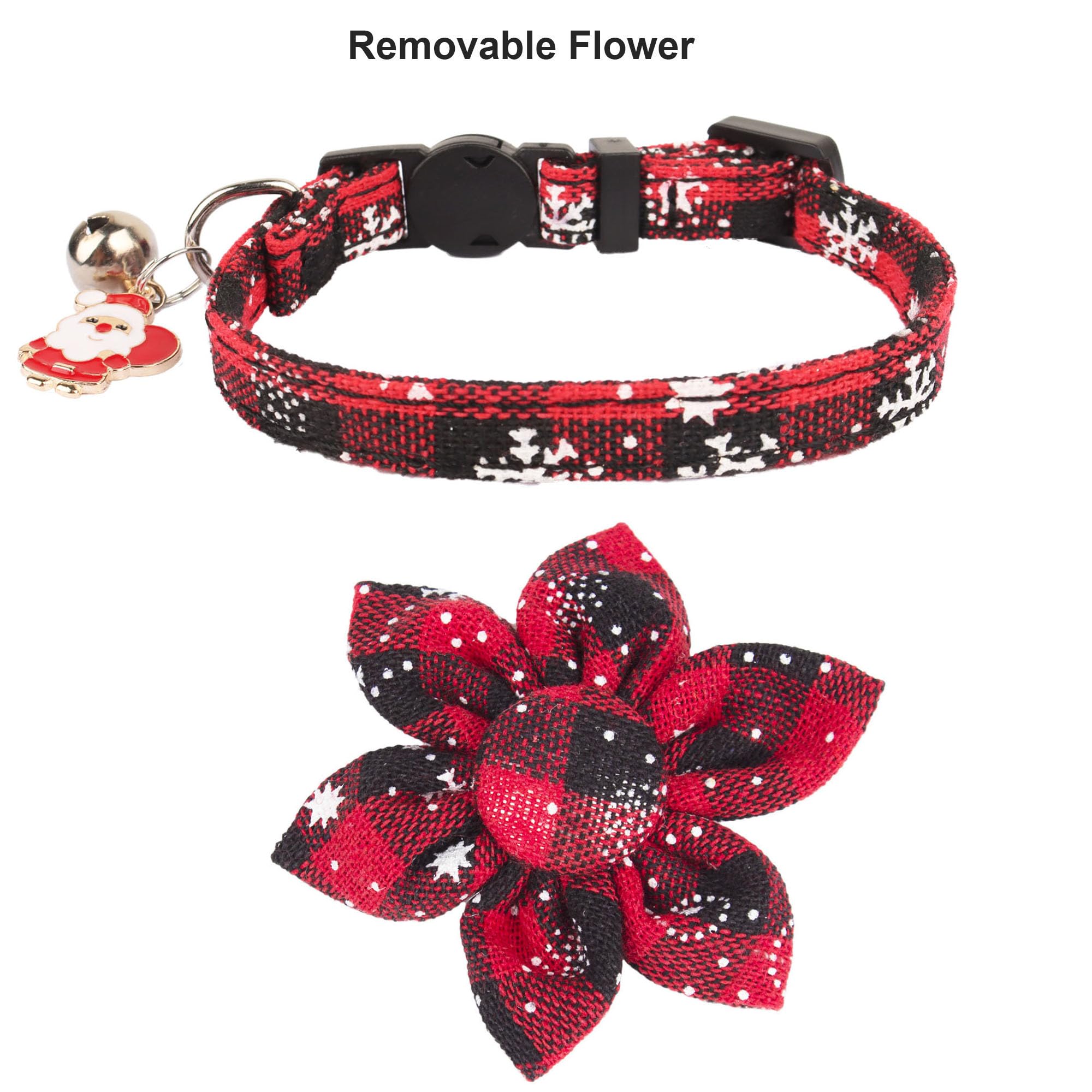 Adoggygo Christmas Cat Collar Breakaway With Flower Bell - 2 Pack Cat Christmas Collar Red Green Plaid Xmas Kitten Collar With Removable Floral Cat Flower Collar For Cats Kittens (6.5'- 8.5', Floral)