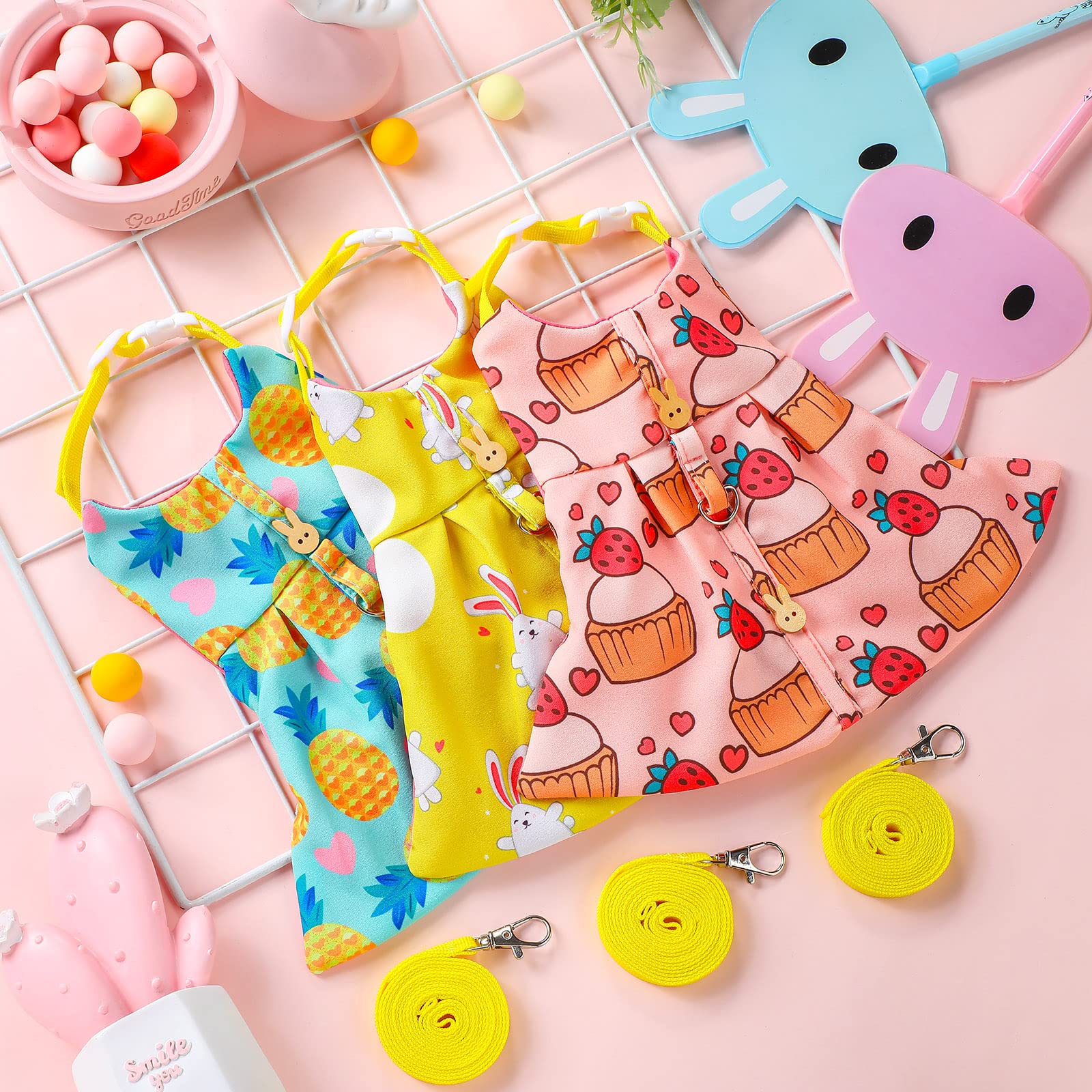 3 Piece Cute Rabbit Leash And Harness Set, Bunny Rabbit Dress Clothes Walking Harness Vest Escape Proof Pet Supply For Rabbit Hedgehog Ferret Guinea Pig (Cake, Bunny, Pineapple)