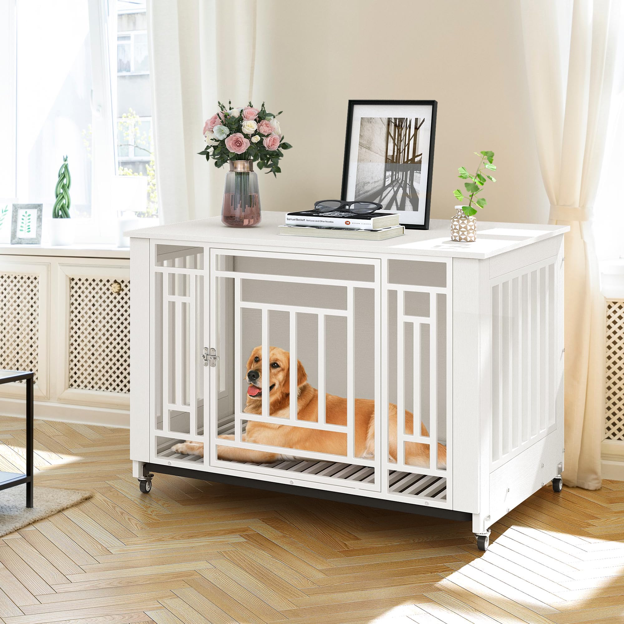 YITAHOME Dog Crate Furniture, Heavy Duty Dog Cage, Wooden Side End Table with Wheels, Chew-Resistant Metal Dog Kennel with Remov