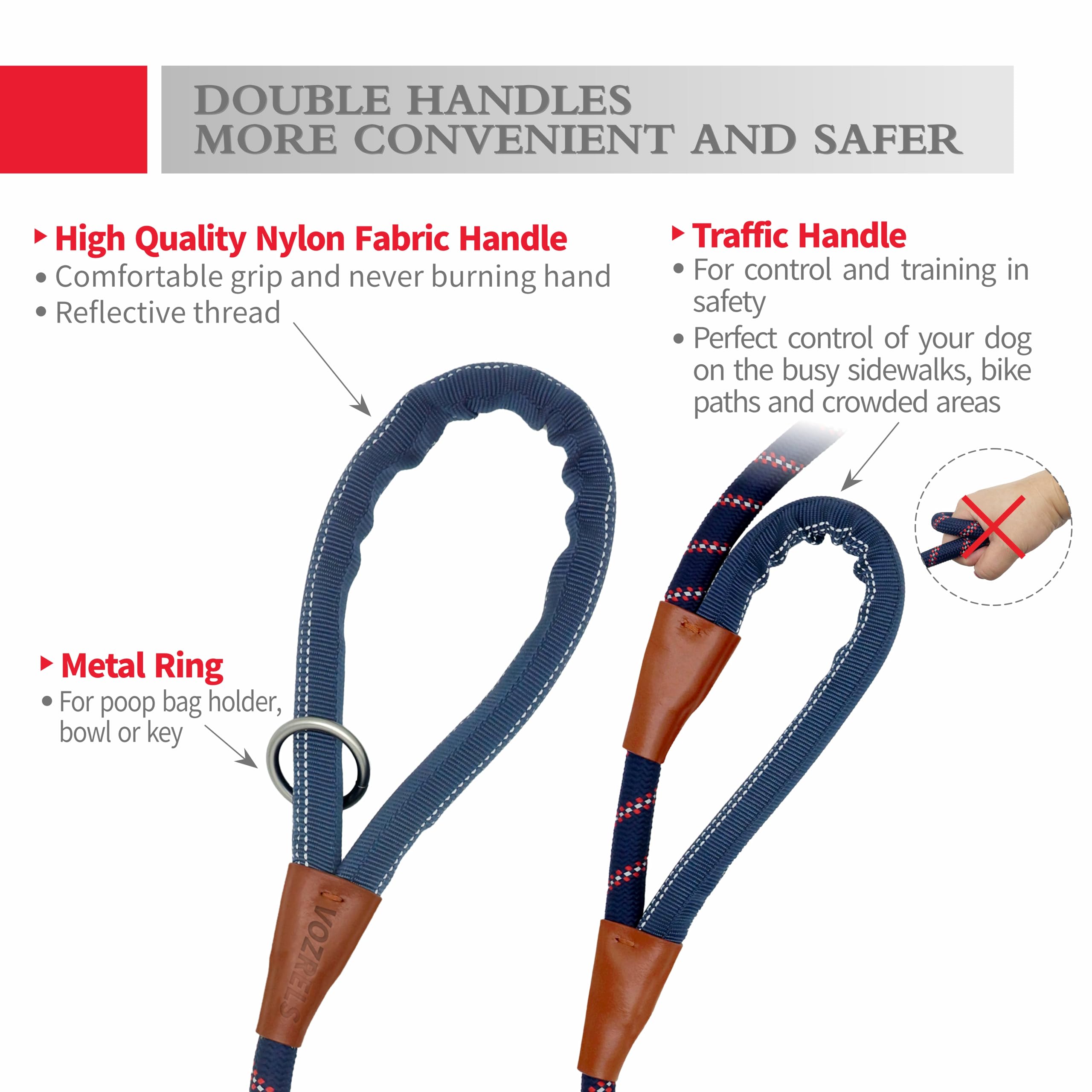 Vozrels Dog Leash Heavy Duty 5Ft, Double Handle Dog Leash With Padded Handle For Traffic Control, Reflective Rope Leashes With C