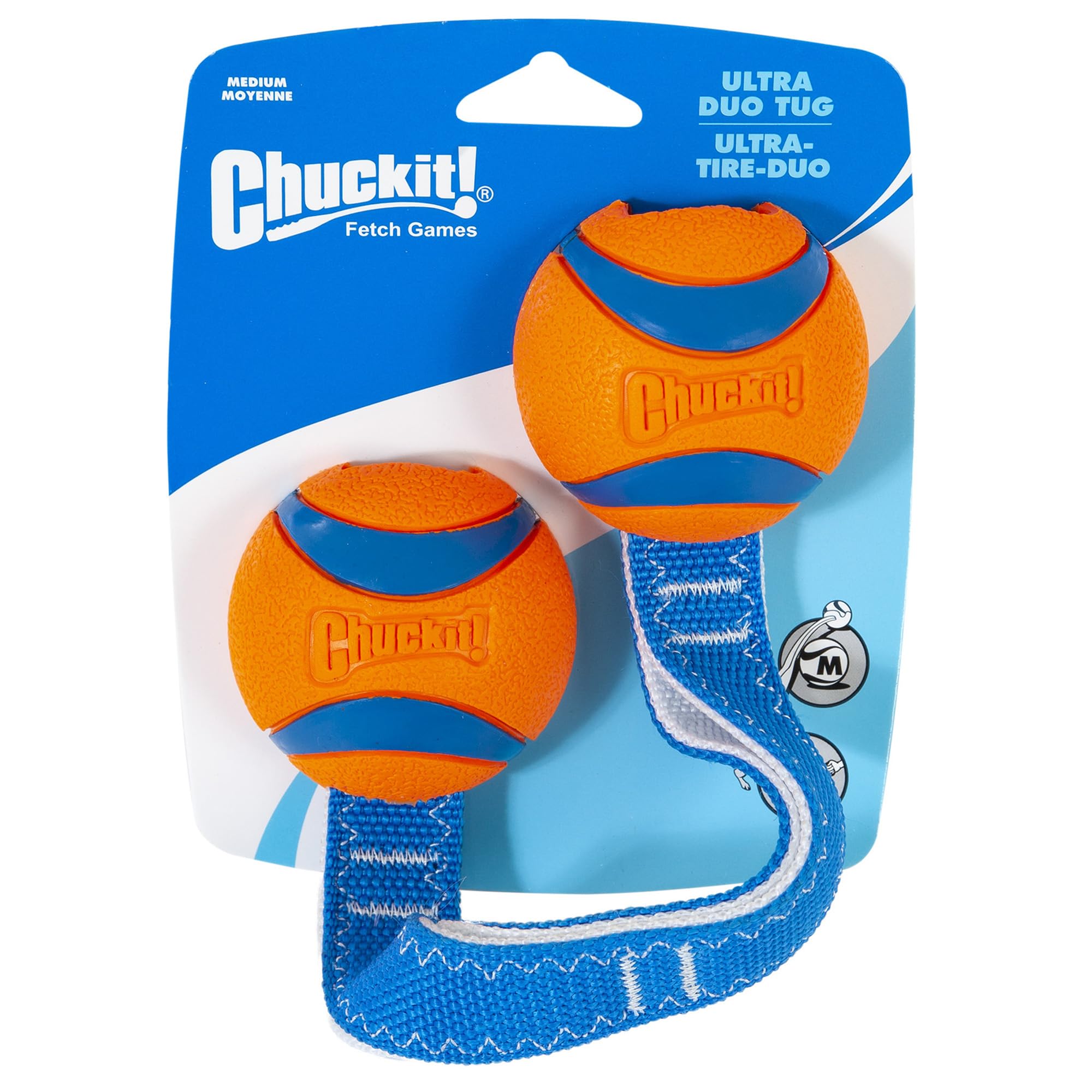 Chuckit! Ultra Duo Tug Dog Toy - Two Ultra Balls On A Durable Nylon Cord Handle - Fetch And Tug-Of-War Toy For Dogs - Size Medium - For Breeds 20-60 Lbs - 2.5-Inch Diameter - Orange And Blue