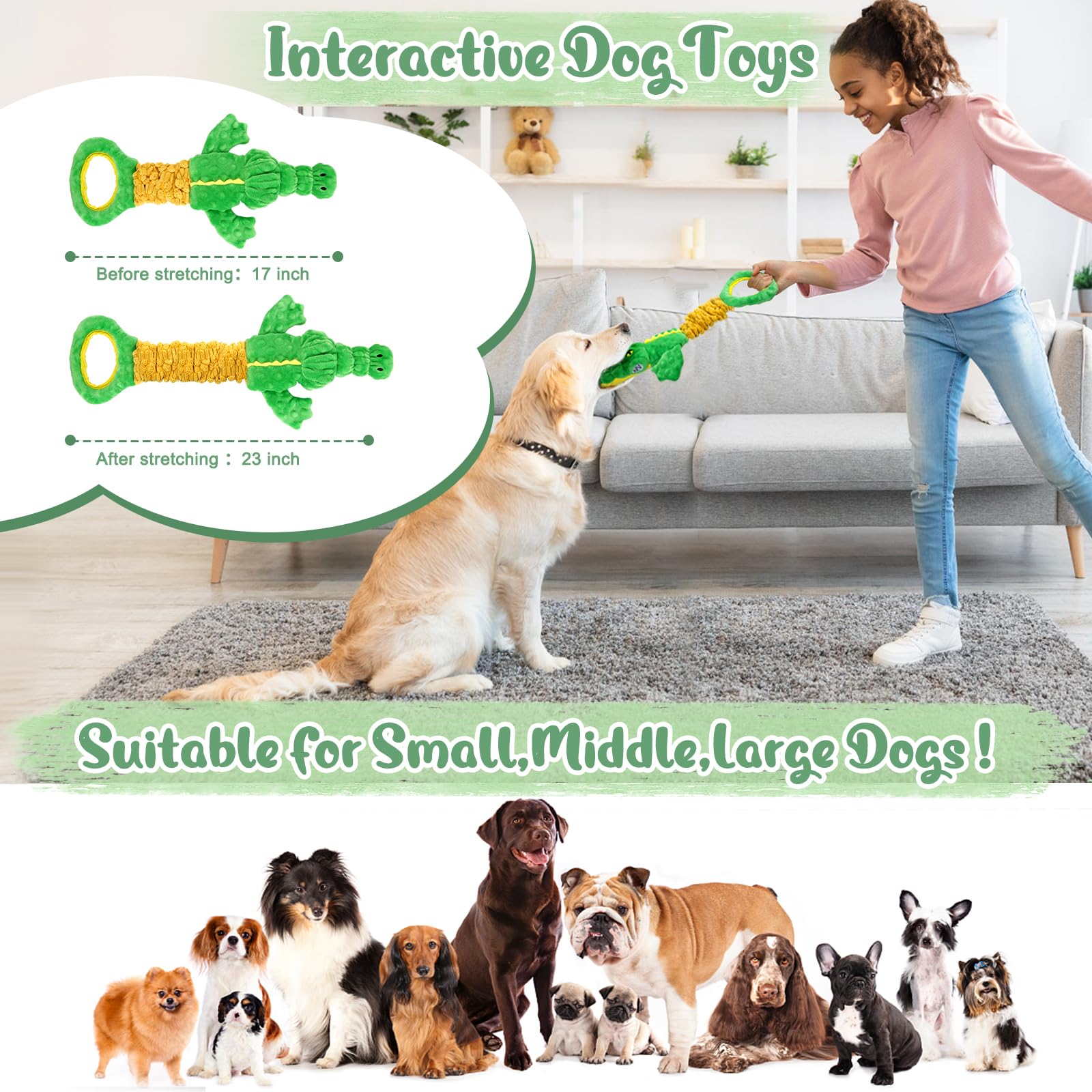 Eneston Large Dog Toys, Plush Squeaky Dog Toy With Crinkle Paper And Tug Of War Handle, Interactive Puppy Toys For Small, Medium