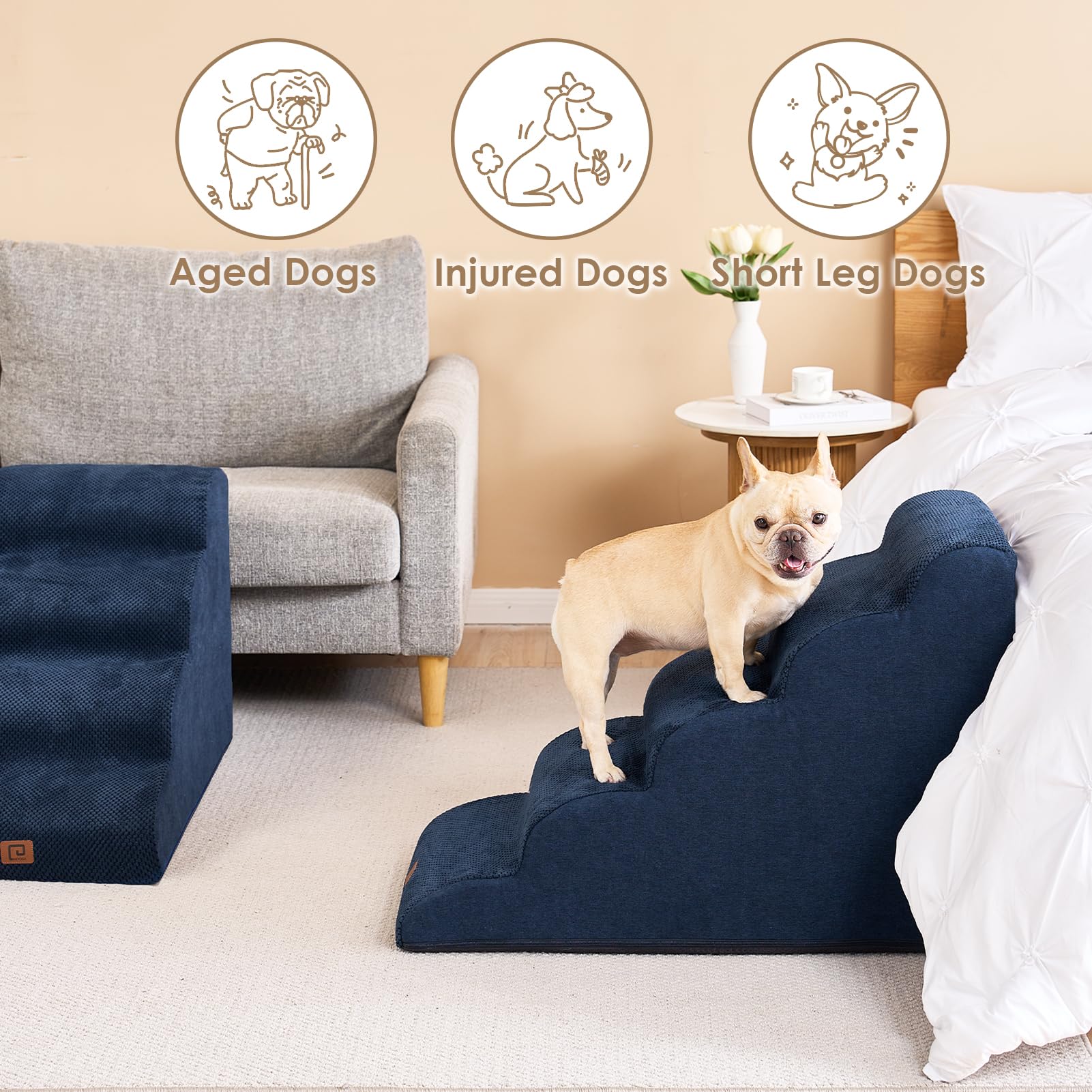 Eheyciga Curved Dog Stairs Ramp For High Beds 22.6' H, 5-Step Dog Steps For Small Dogs And Cats, Pet Stairs For High Bed Climbing, Non-Slip Balanced Pet Step Indoor, Navy