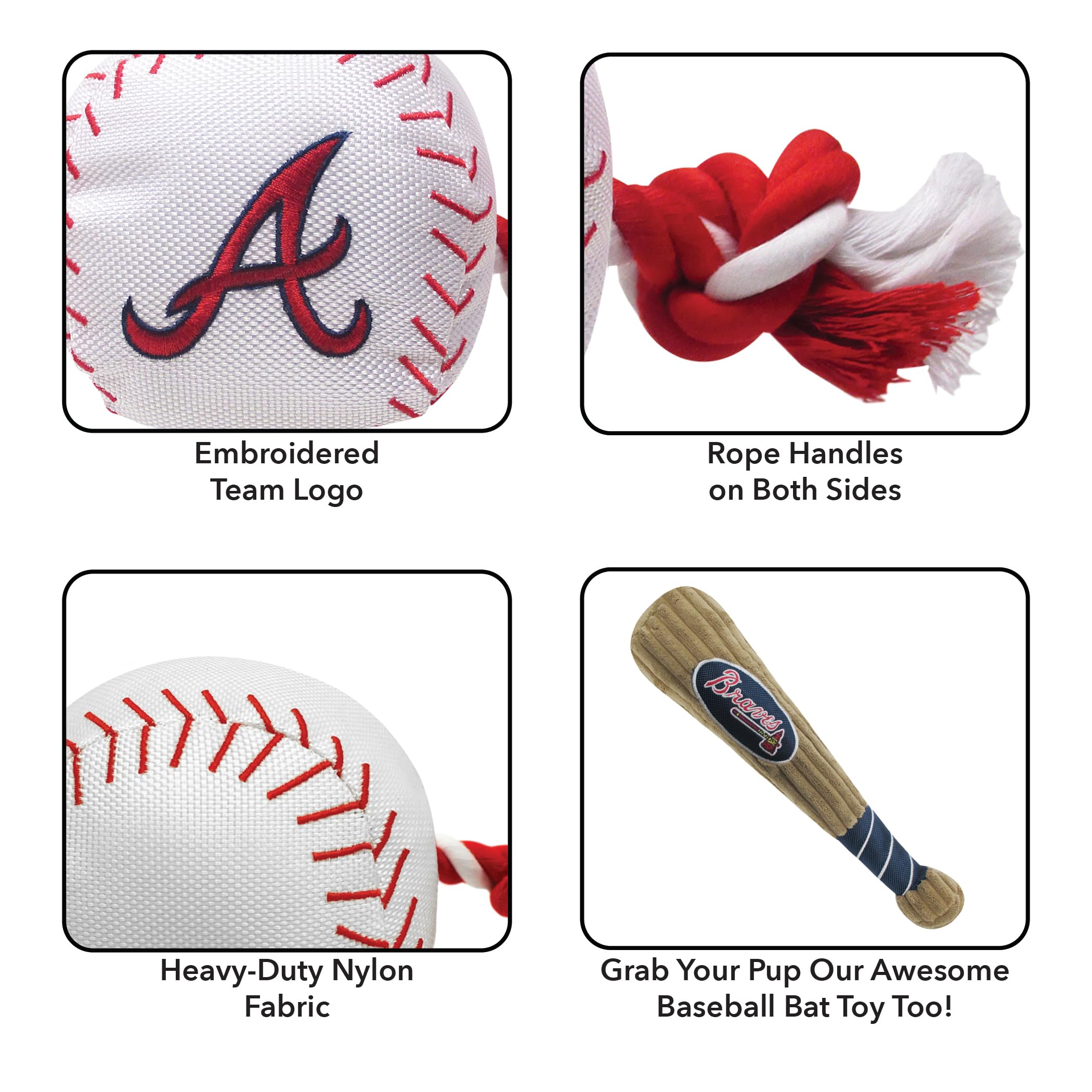 Mlb Atlanta Braves Baseball Rope Toy For Dogs & Cats. Tough Nylon, Sporty Baseball Design, Heavy-Duty Ropes With Inner Squeaker