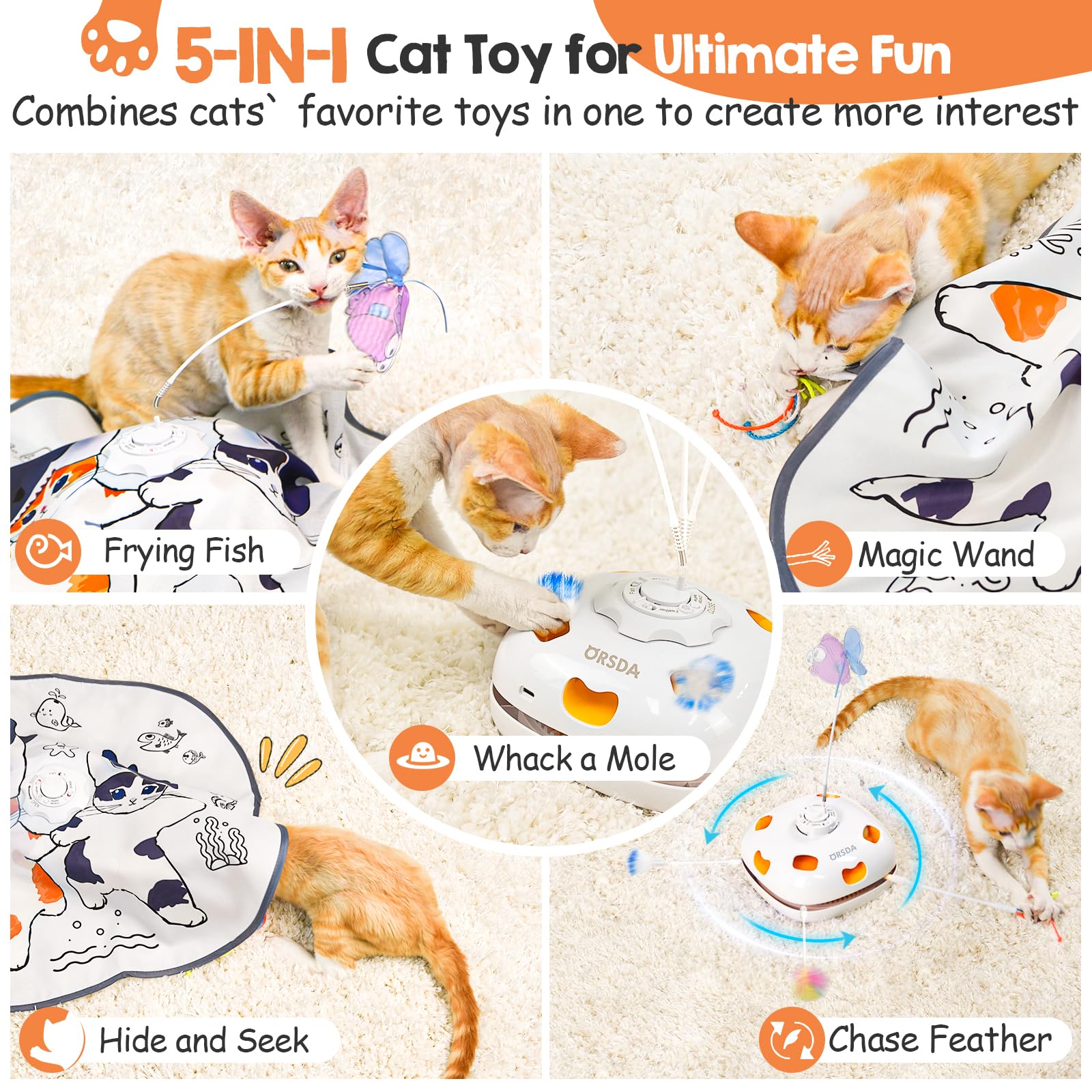 Orsda Interactive Cat Toys For Indoor Cats, Rechargeable Hide And Seek Cat Toy, Motion Cat Toys, Moving Ambush Feather (5- In-1