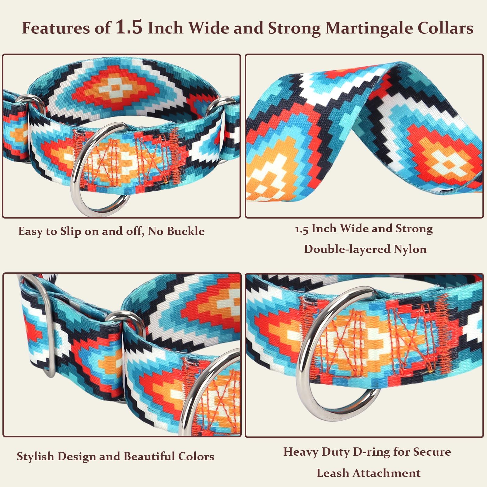 1.5 Inches Martingale Collar For Dogs,Adjustable Heavy Duty Training Collars With Blue African Tribal Mexican Native Boho Patter