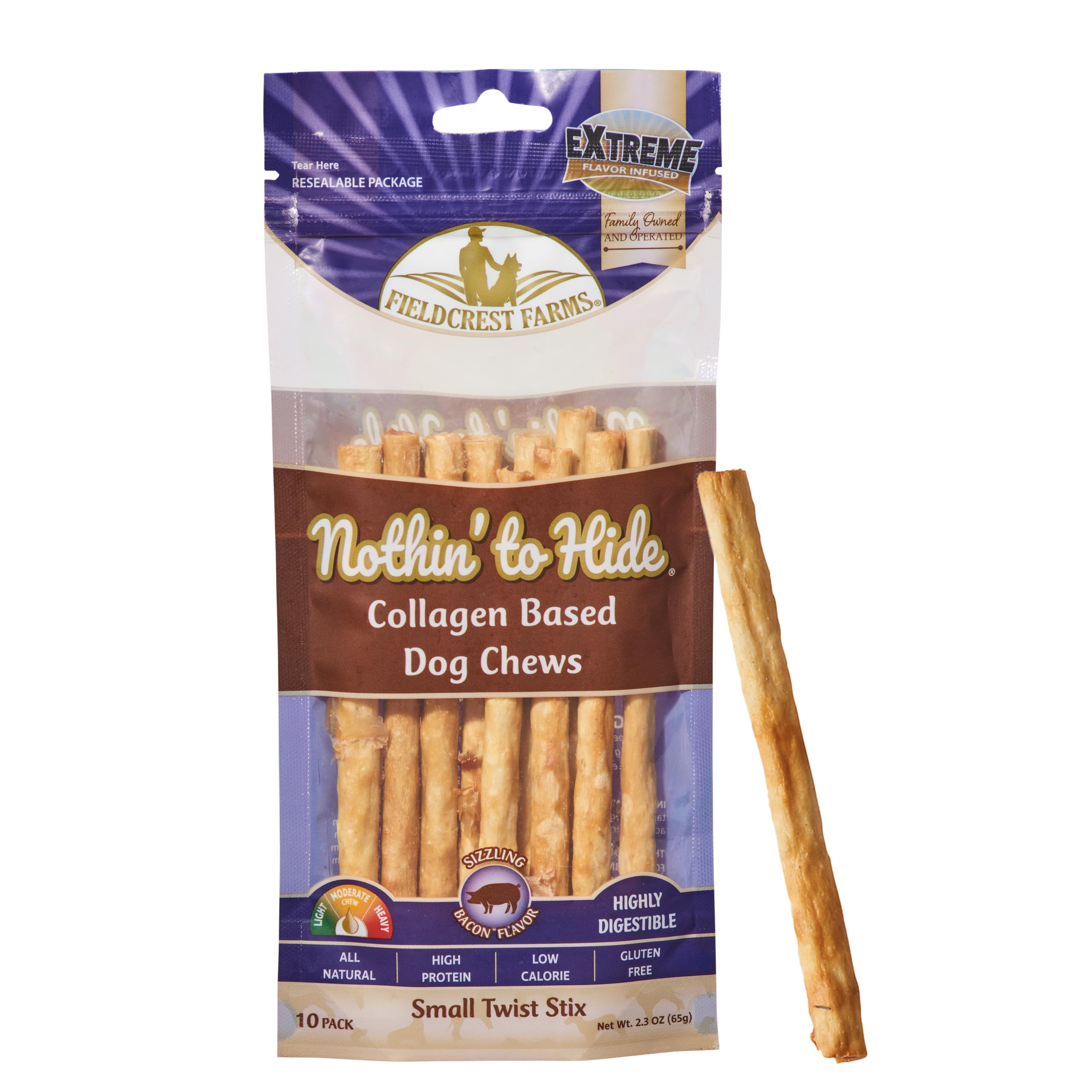 Fieldcrest Farms Nothin to Hide Twist Stix, Bacon Flavor, Easily Digestible, Supports Skin, Coat, Joints & Muscles, for Moderat