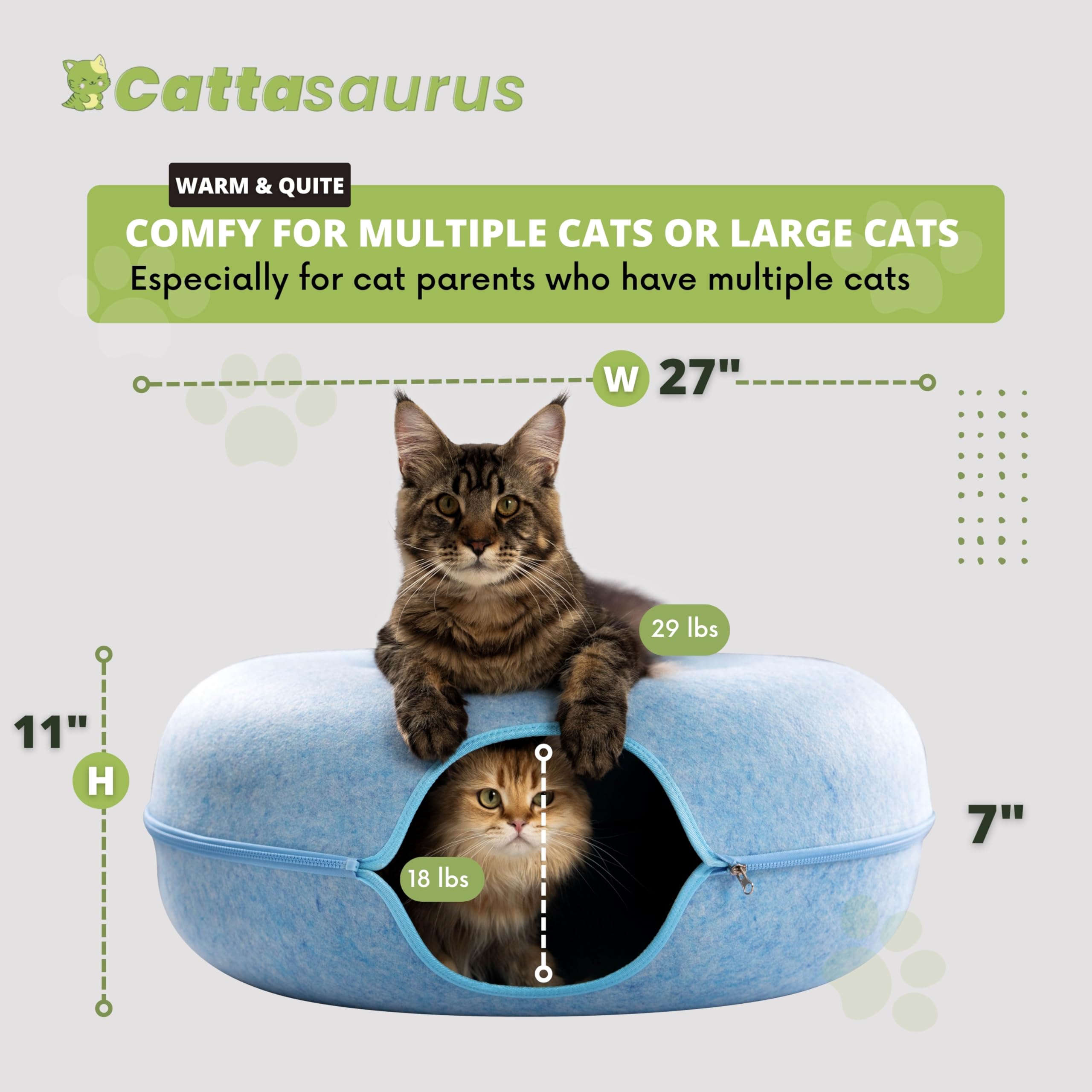 Cattasaurus Peekaboo Cat Cave Donut for Multiple & Large Cats up to 30-45 lbs, 3-in-1 Self Warming Cat Bed, Tunnel & Scratcher f