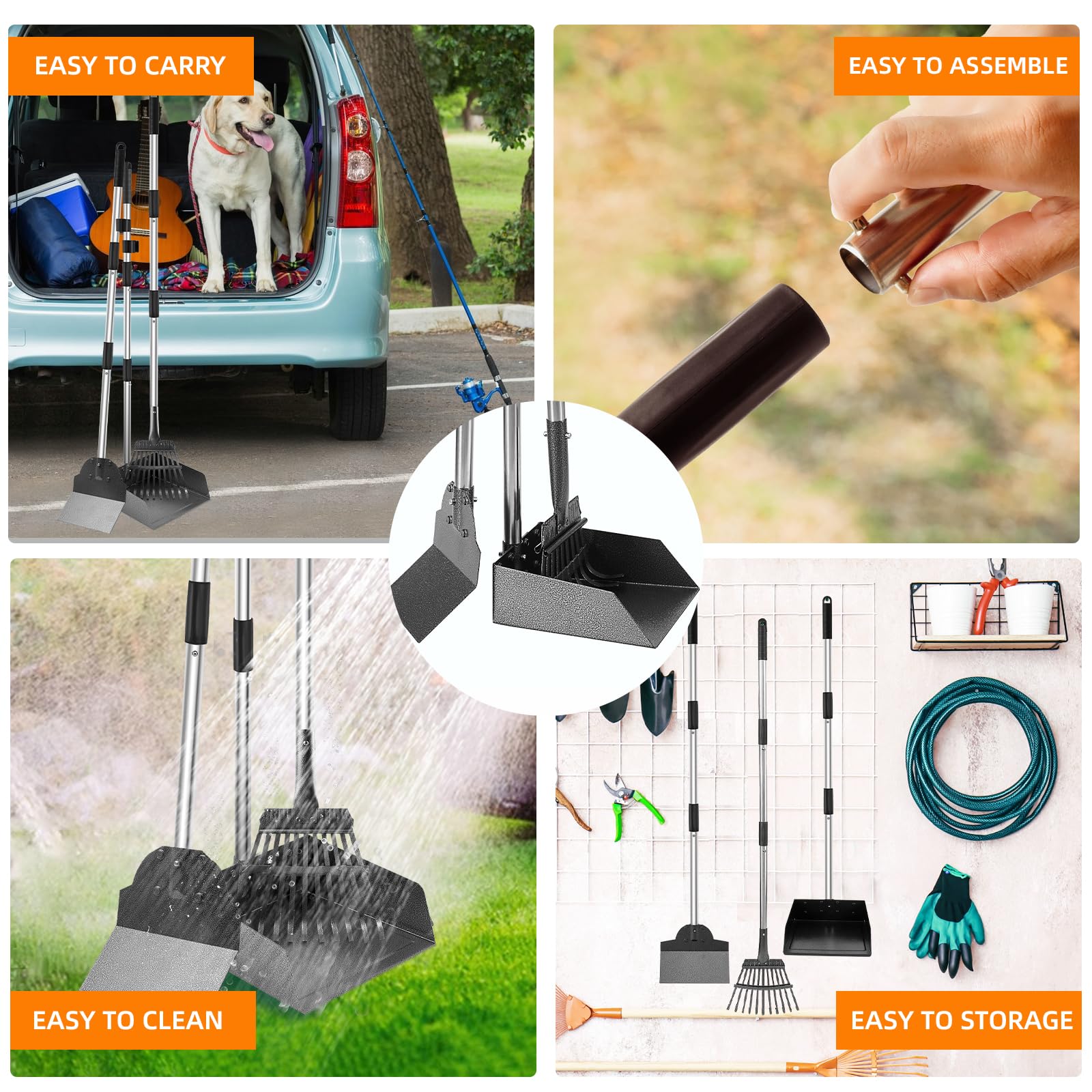 Luffwell Dog Pooper Scooper, Adjustable Handle Poop Scooper With Tray,Rake And Spade Set Of 3, Steel Stainless Poop Scoop For Medium Large Dogs And Pet Waste On Grass, Dirt And Gravel (Large Size)