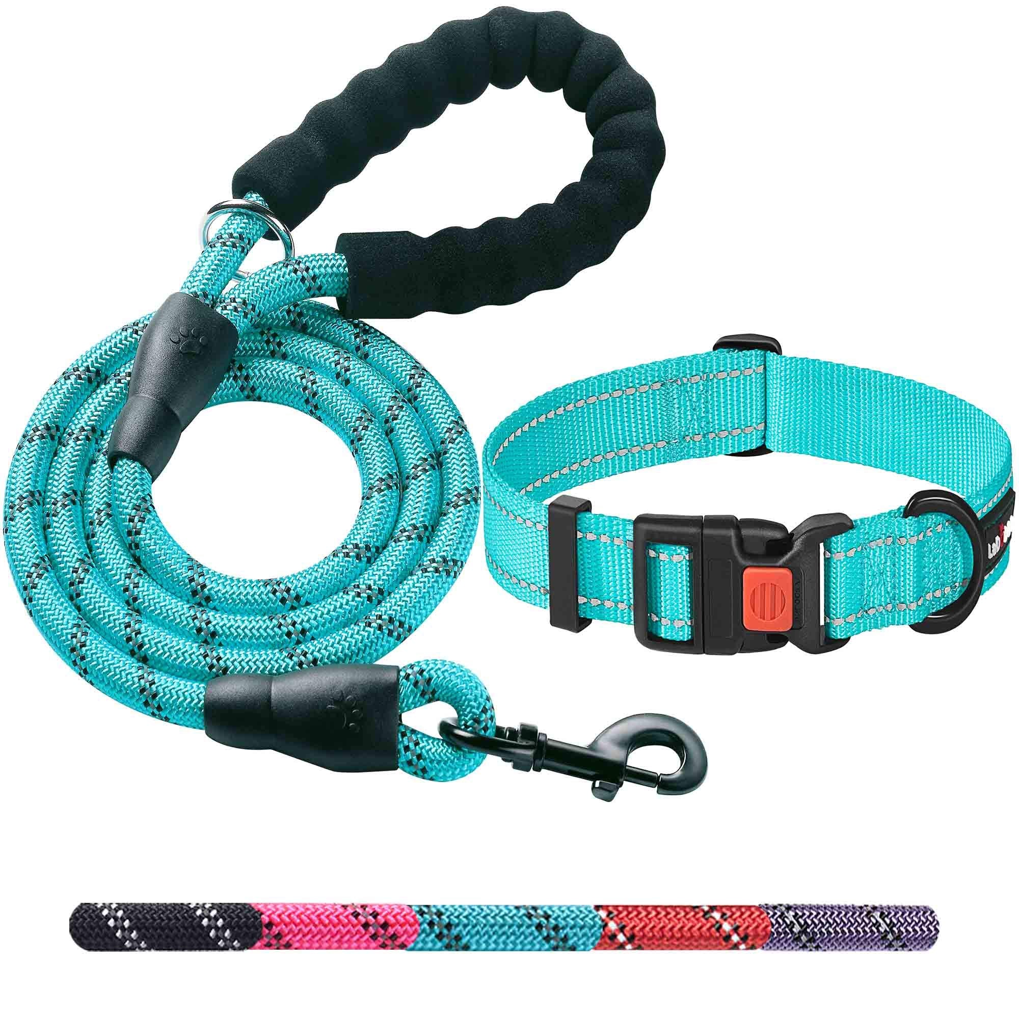 Ladoogo Heavy Duty Dog Leash - Comfortable Padded Handle, 5 Ft Long - Dog Leashes For Small Medium Large Dogs (Leash+Collar M Neck 16'-20', Blue)