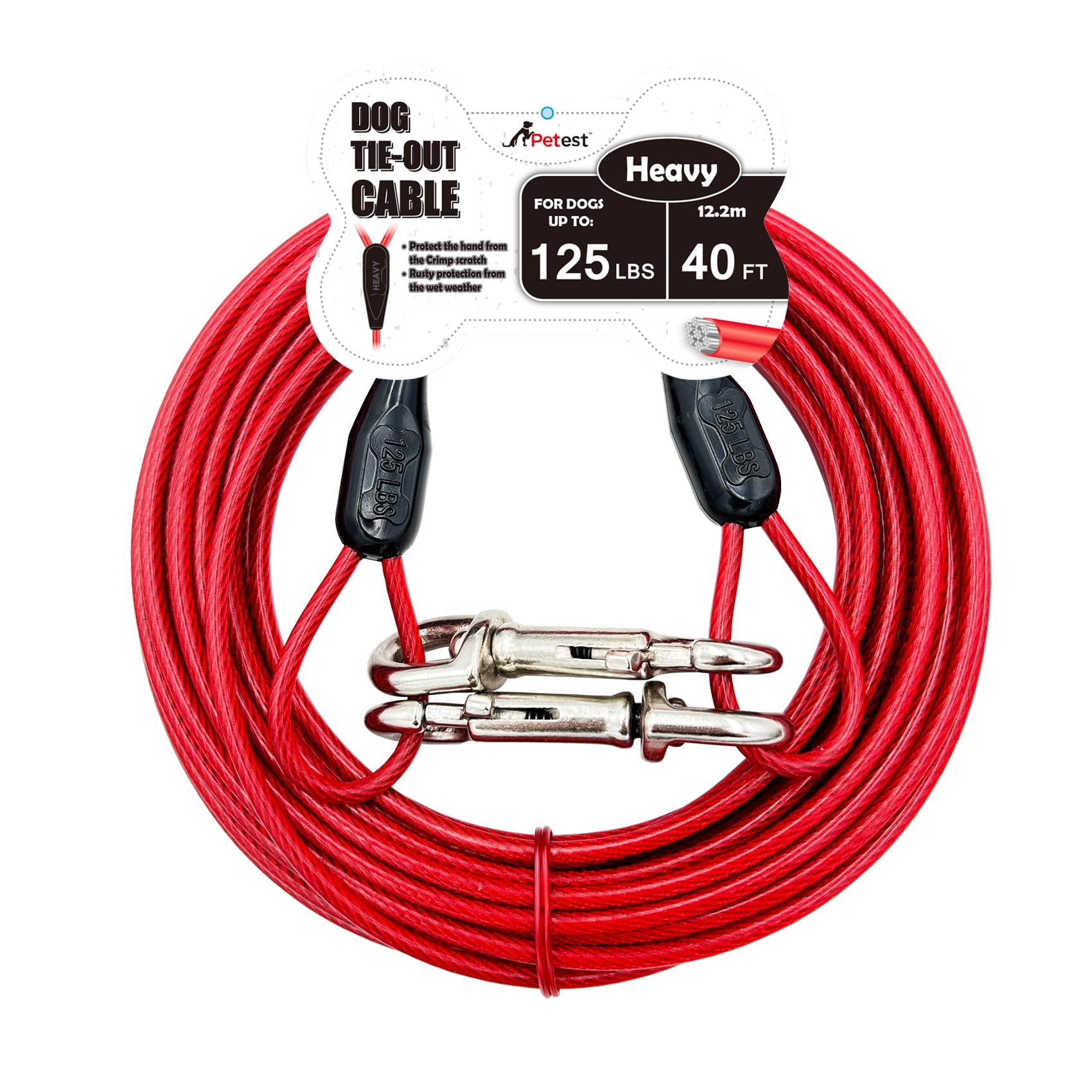 Petest 40Ft Tie-Out Cable With Crimp Cover For Heavy Dogs Up To 125 Pounds
