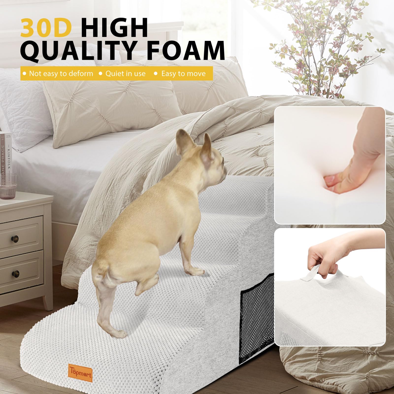 Dog Stairs For Small Dogs,4-Step,Foam Dog Steps&Ramps For Couch/High Beds With Waterproof &Removable Cover, Non-Slip, White