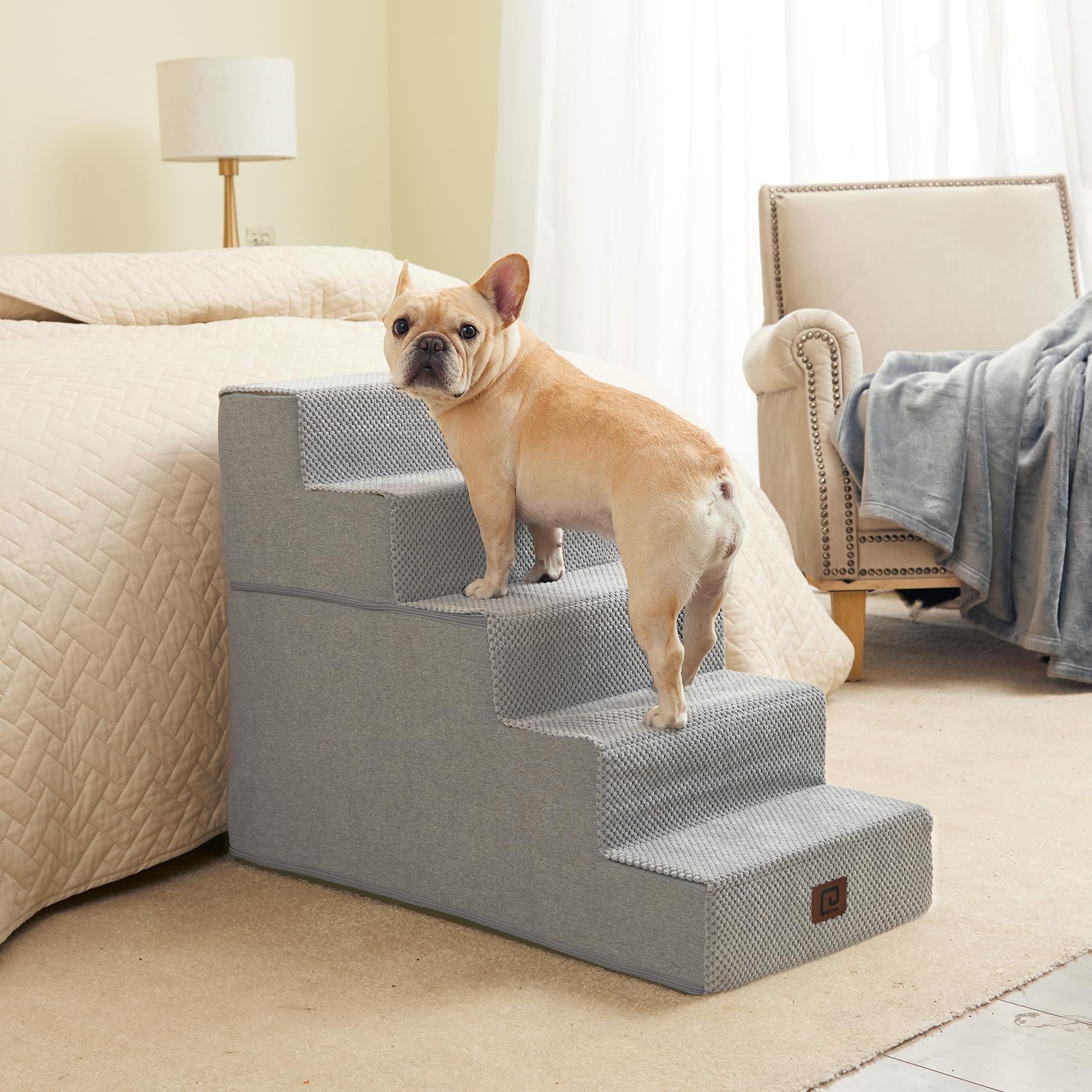 Eheyciga Dog Stairs For High Bed 22.5”H, 5-Step Dog Steps For Bed, Pet Steps For Small Dogs And Cats, Non-Slip Balanced Dog Indoor Ramp, Light Grey