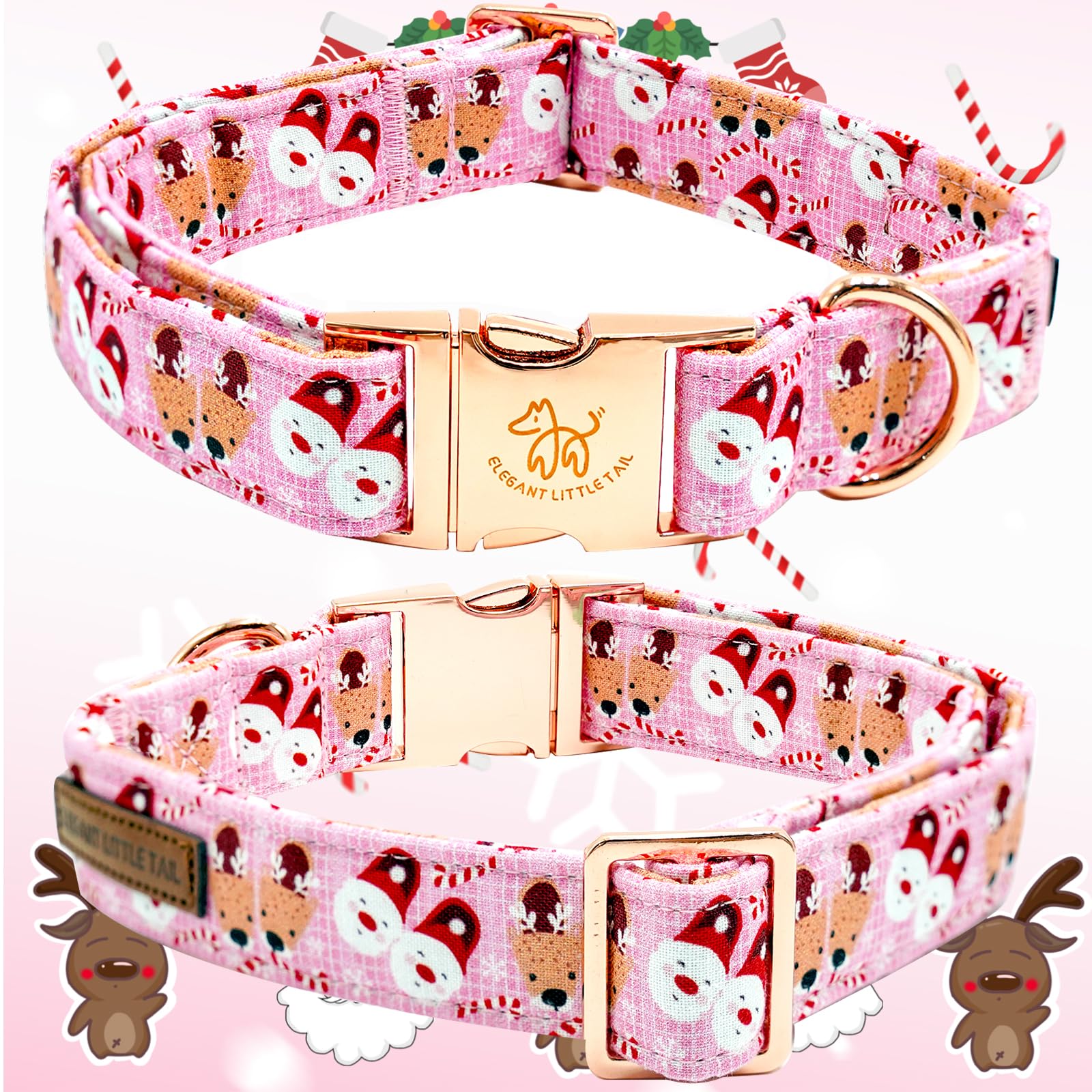 Elegant Little Tail Christmas Dog Collar, Pink Deer Print Pet Collar Dog Durable Cute Dog Collars Winter Holiday Male Or Female
