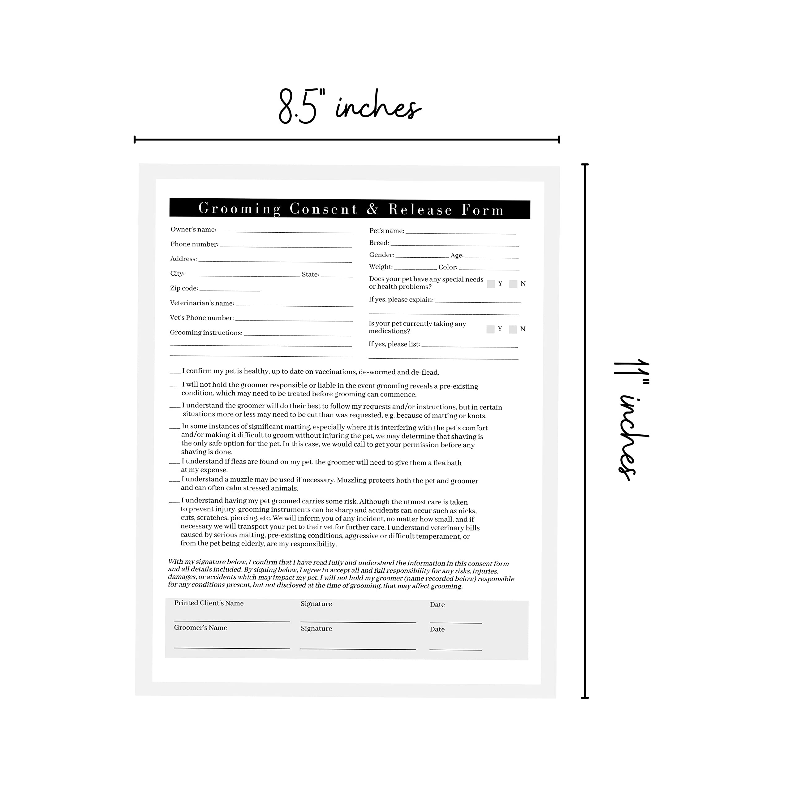 Boutique Marketing Pet Grooming Intake, Consent & Release Form | 50 Pack 8.5X11Incheses Standard Paper Size Supplies Matches Groomer Loyalty Appointment Reminder White Black Design