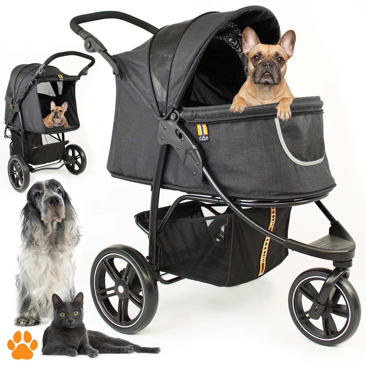 My Duque - Cooper Dog & Pet Robust Buggy, Jogger Holds Up To 32 Kg / 70Lbs, Easy Fold, Multi-Height Adjustable Soft Touch Handle, Reflective Accents, Mesh Inserts, Zippered Exits, Storage Basket Below