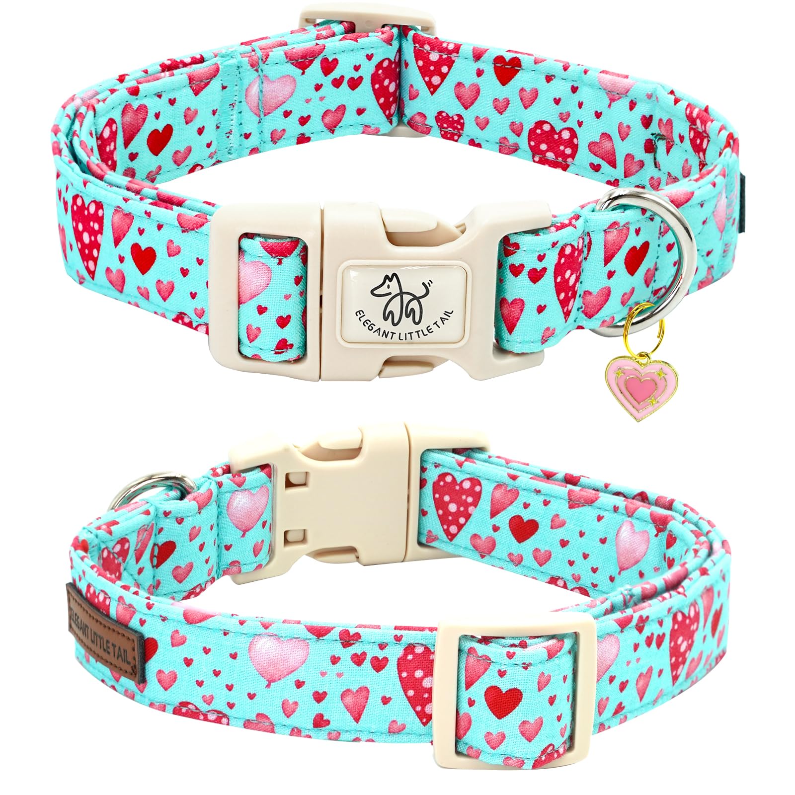 Elegant Little Tail Valentine'S Dog Collar, Pink Heart Dog Collar For Medium Dogs, Female Or Male Adjustable Cotton Pet Collar W