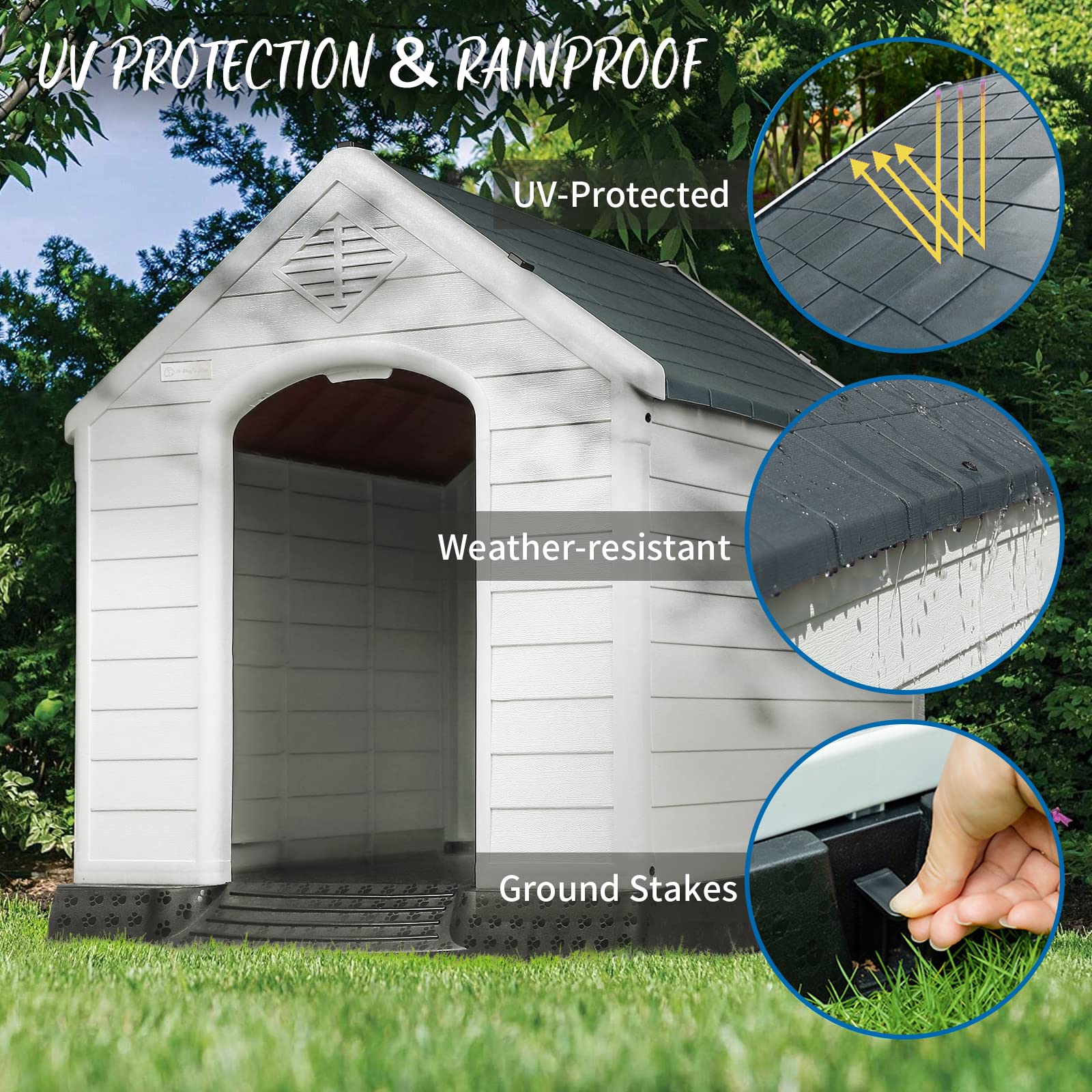 Pukami Durable Plastic Dog House With Elevated Floor And Air Vents For Outdoor Indoor Small Medium Large Dogs,Waterproof Ventilate & Easy Clean And Assemble(Grey, 42Inch)