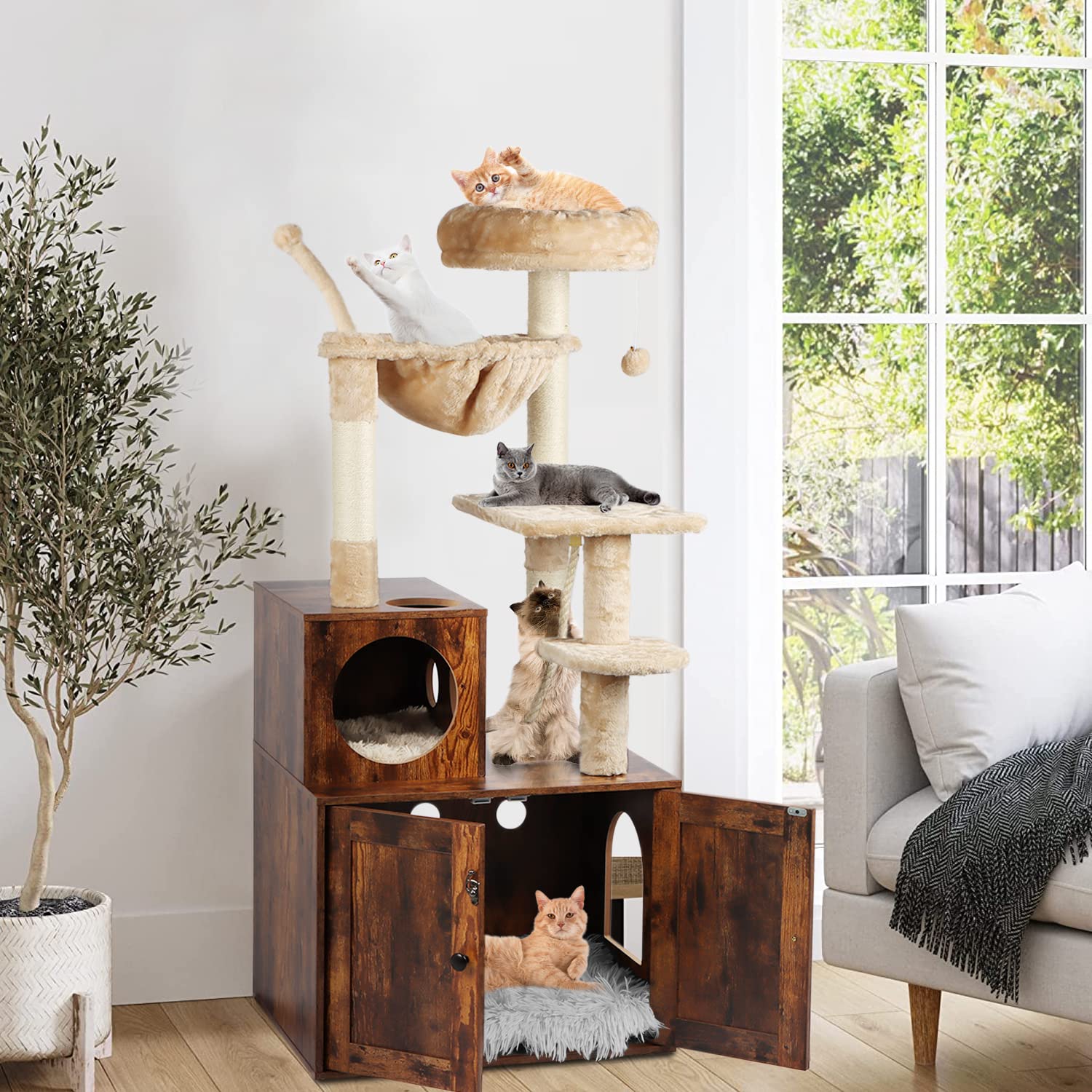 Timberer Cat Tree With Litter Box Enclosure, 2-In-1 Cat Tower For Indoor Cats, Large Wood Cat Condo With Basket, Scratching Post