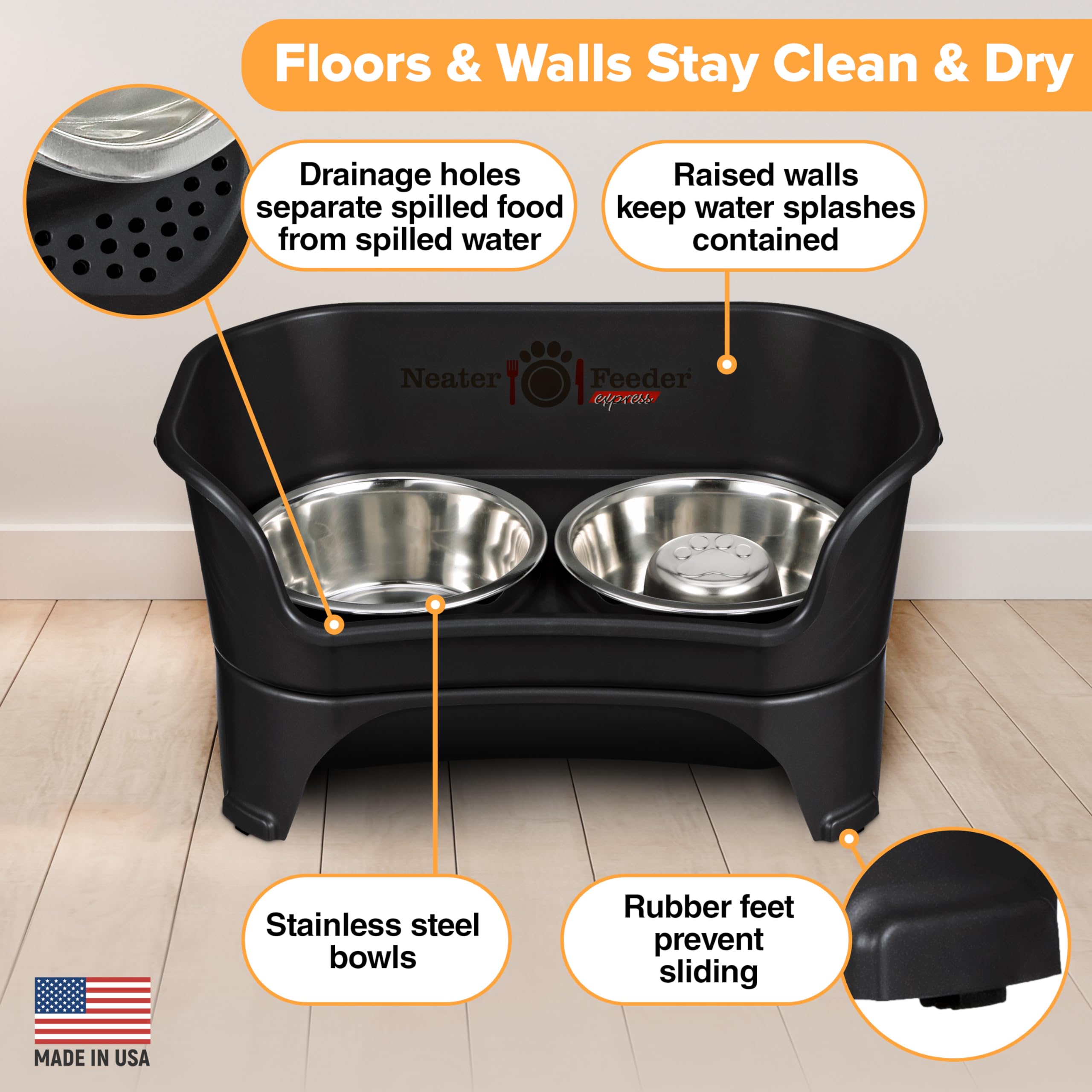 Neater Feeder - Express Model W/ Slow Feed Bowl - Mess-Proof Dog Bowls (M/L, Black) Made In Usa - Elevated, No Spill, Non-Tip, N