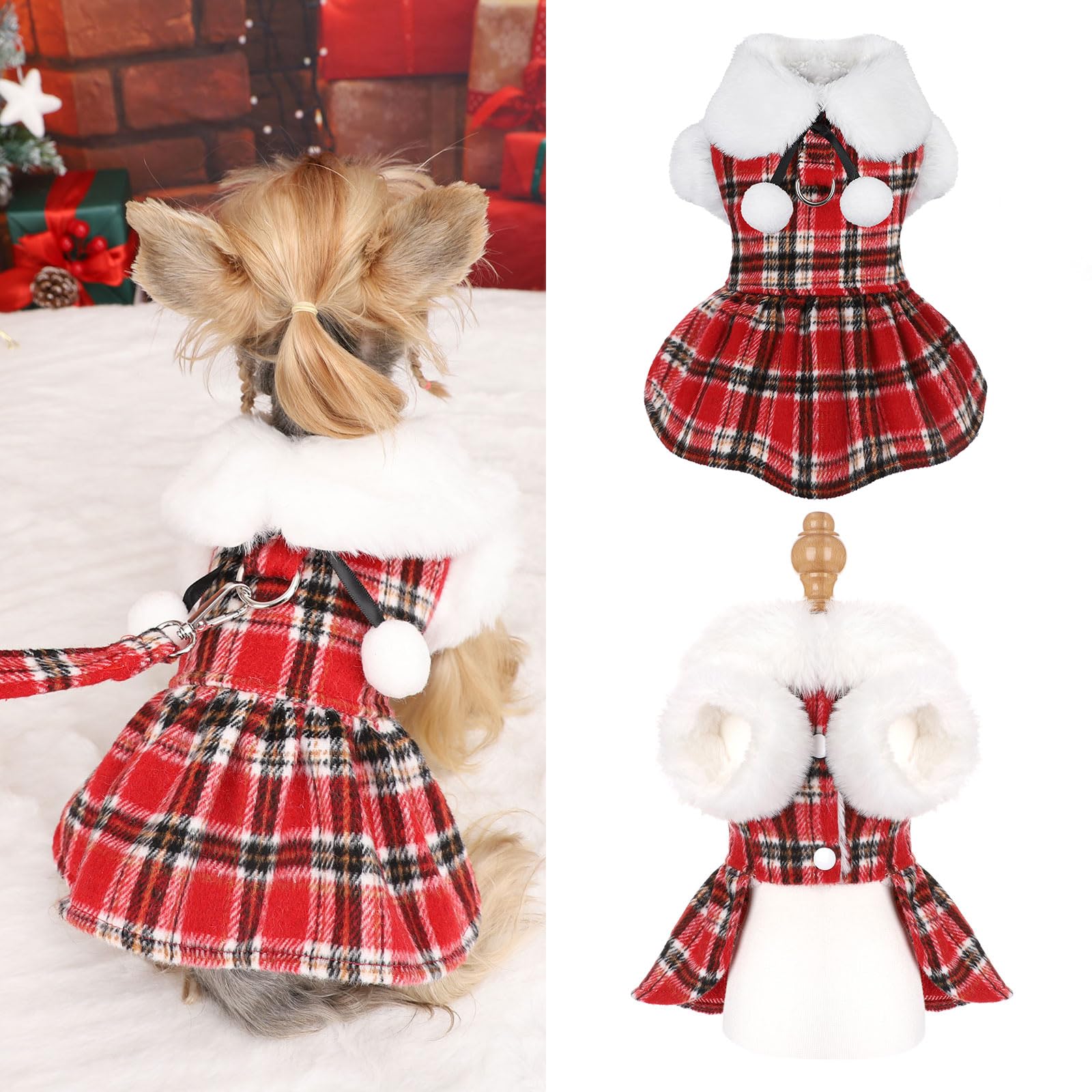 Plaid Dog Harness Dress And Leash Set, Fleece Puppy Sweater For Small Dogs Girl, Winter Warm Puppy Clothes With D Ring, Red Pet