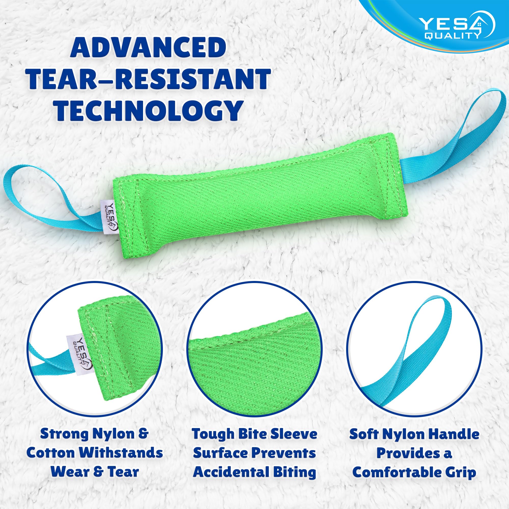 Yes4Quality Dog Bite Tug Toy (11.8'X3.5'), Durable Green Pull Toy W/ 2 Soft & Strong Blue Handles, Tough Nylon Bite Pillow For Small To Medium Dogs, Ideal For Tug Of War, Fetch, K9, Puppy Training