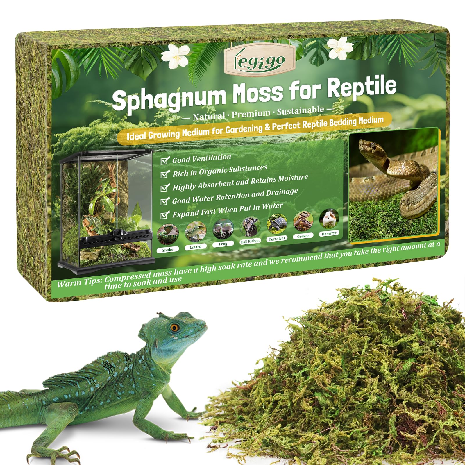 Legigo 14 Oz Sphagnum Moss For Reptile- 16 Qt Natural Reptile Moss Terrarium Moss Substrate, Snake Tank Moss Peat Moss Reptile B