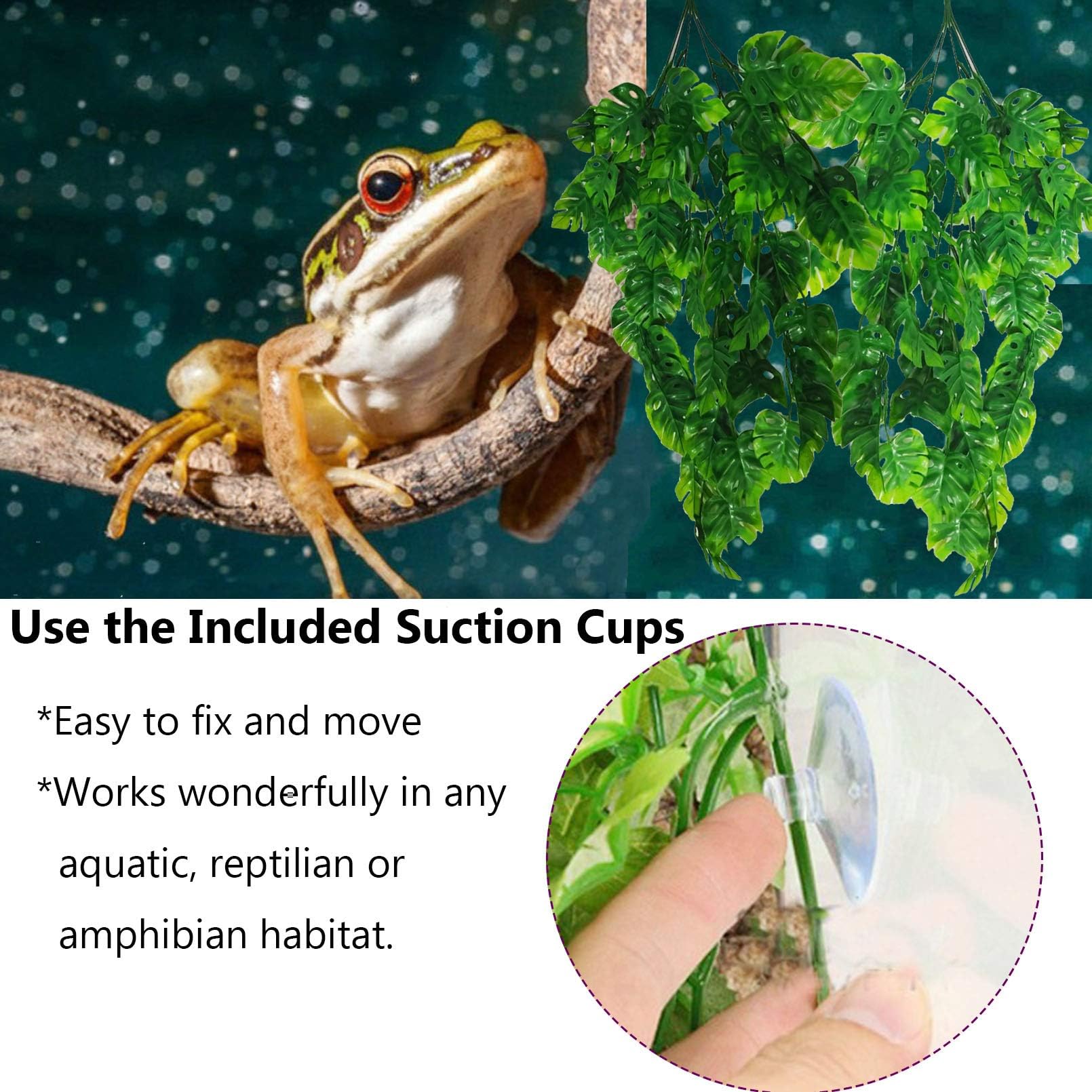 Hamiledyi Fake Plant Reptile Tank Hanging Plants with Suction Cup 3pcs Leaves Vines for Reptile Tank Bearded Dragons,Lizards,Gec