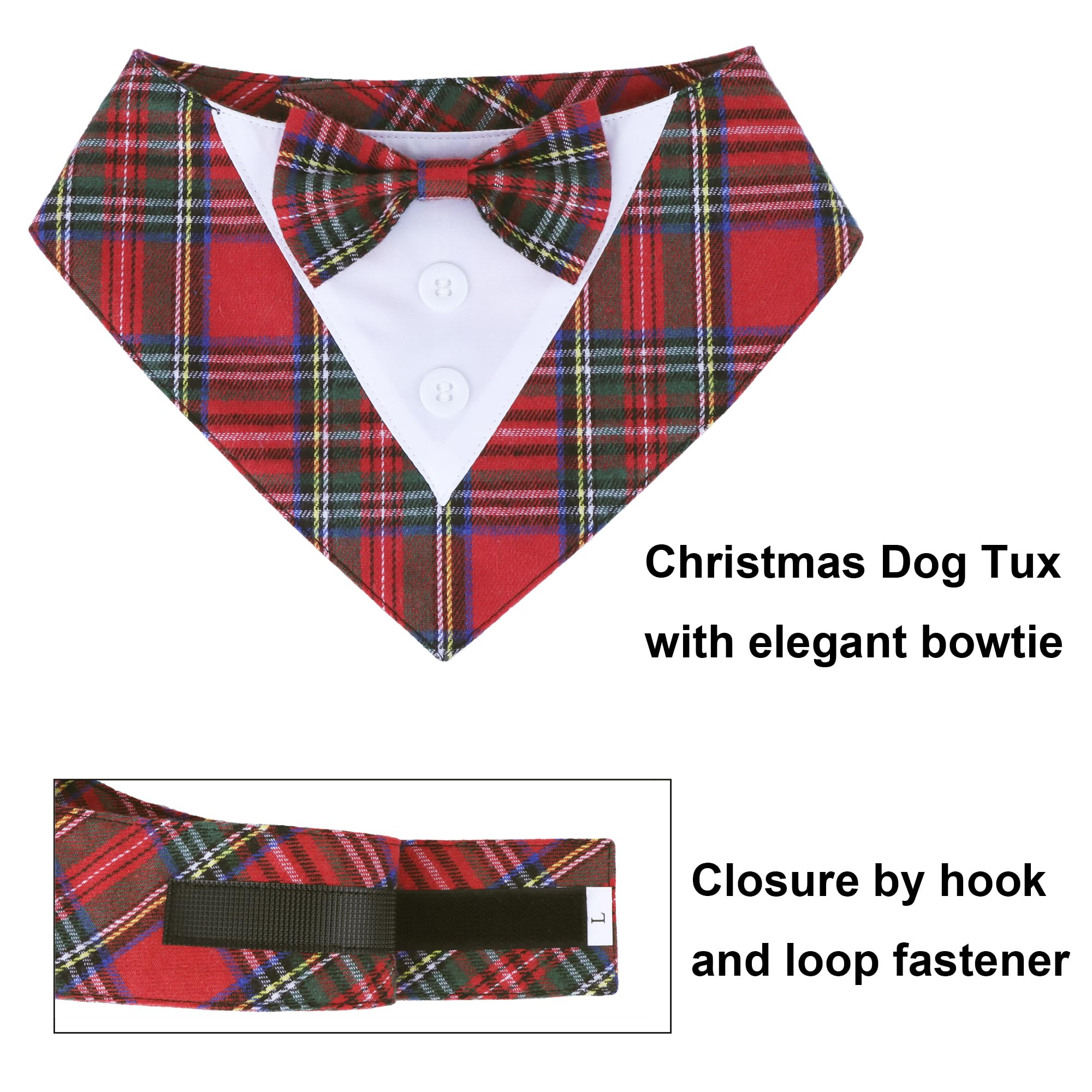 Adoggygo Christmas Dog Tuxedo Bandana, Red Plaid Pet Chritstmas Collar With Bowtie, Adjustable Christmas Costume For Large Dogs