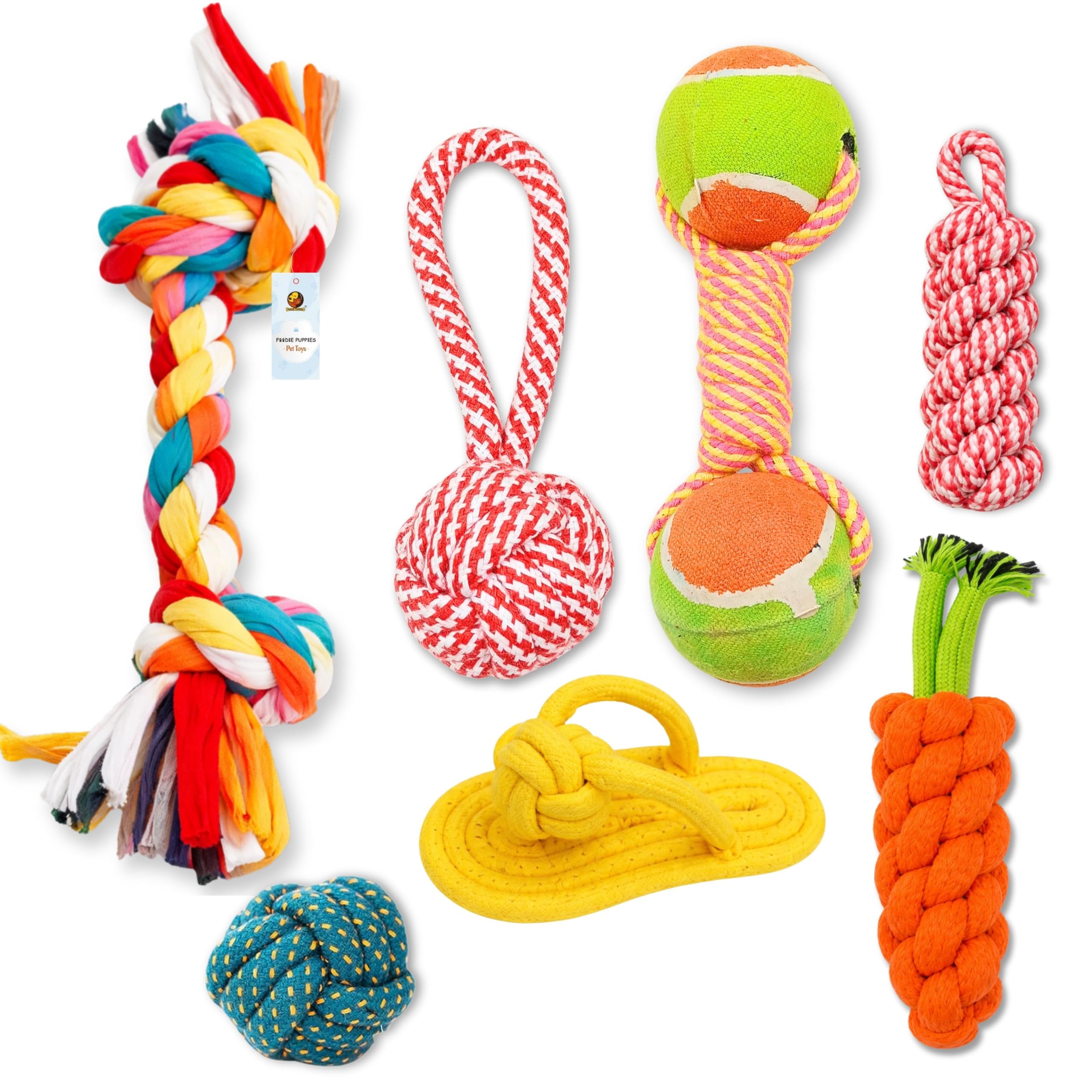 Foodie Puppies 7in1 Combo of Cotton Rope Toys for Small Dogs and Puppies  (2Knot, Slipper, Cornstick, Tennis, Handle Ball, Co