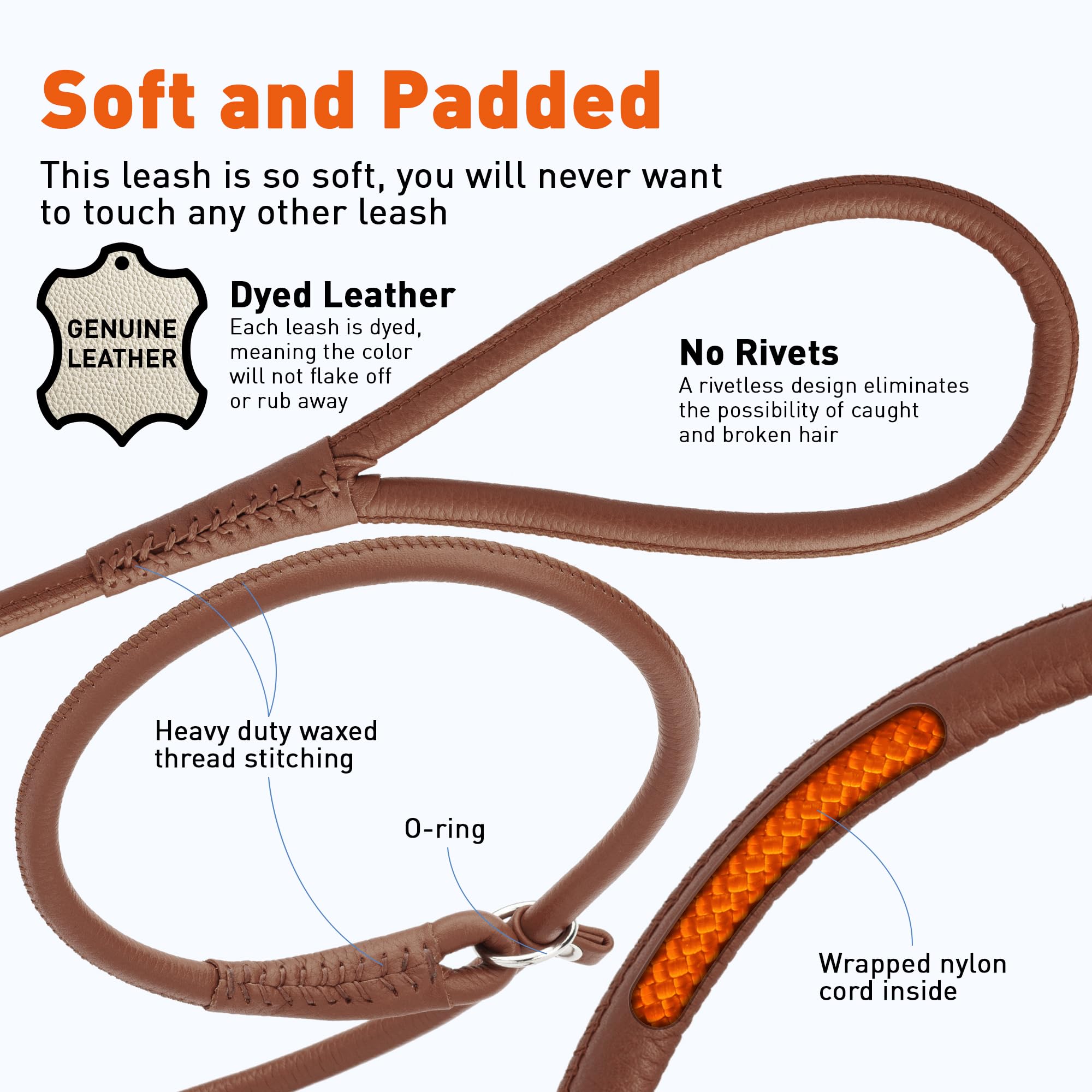Dogline Rolled Leather Dog Slip Lead - For Small, Medium And Large Breeds - Soft And Padded Lead Luxury Design - Brown - 1/4In W X 6Ft L