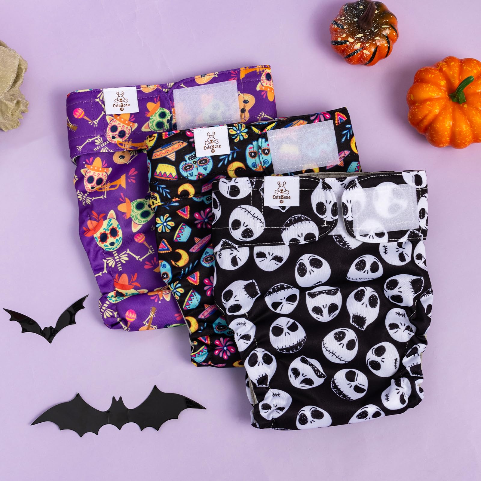 Cutebone Washable Halloween Dog Diapers Female No Tail Hole 3 Pack Reusable Doggie Period Training Pants For Docked-Tail Frenchie French Bulldog Boston Terrier Without Tail Wwd09M