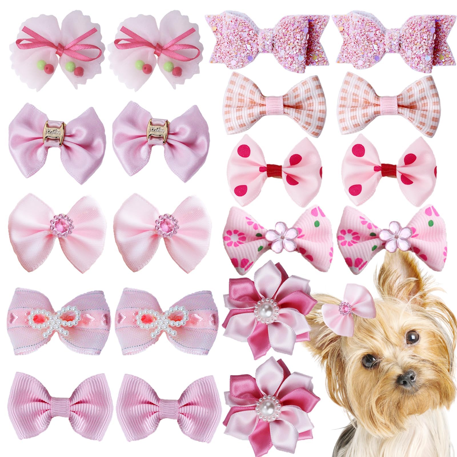 IAXSEE 20pcs Light Pink Small Puppy Dog Hair Bows with Rubber Bands, Flower Ball Bowknot Rhinestone Pearls Hair Ties Mix Style f