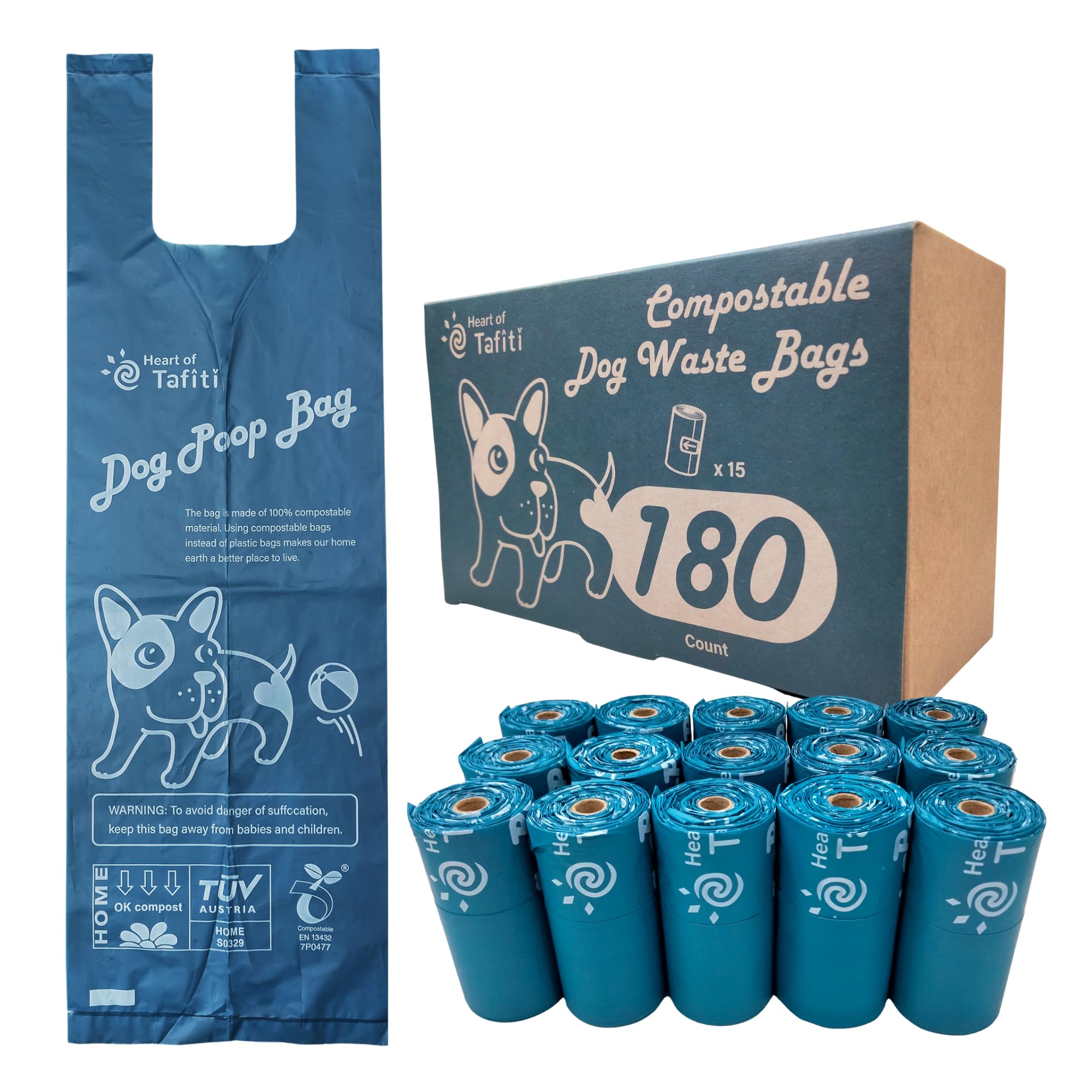 Heart of Tafiti Dog Poop Bags with Handles, Dog Poop Bags Rolls-180 Counts, Doggie Poop Bags, Dog Waste Bags, Certified Composta