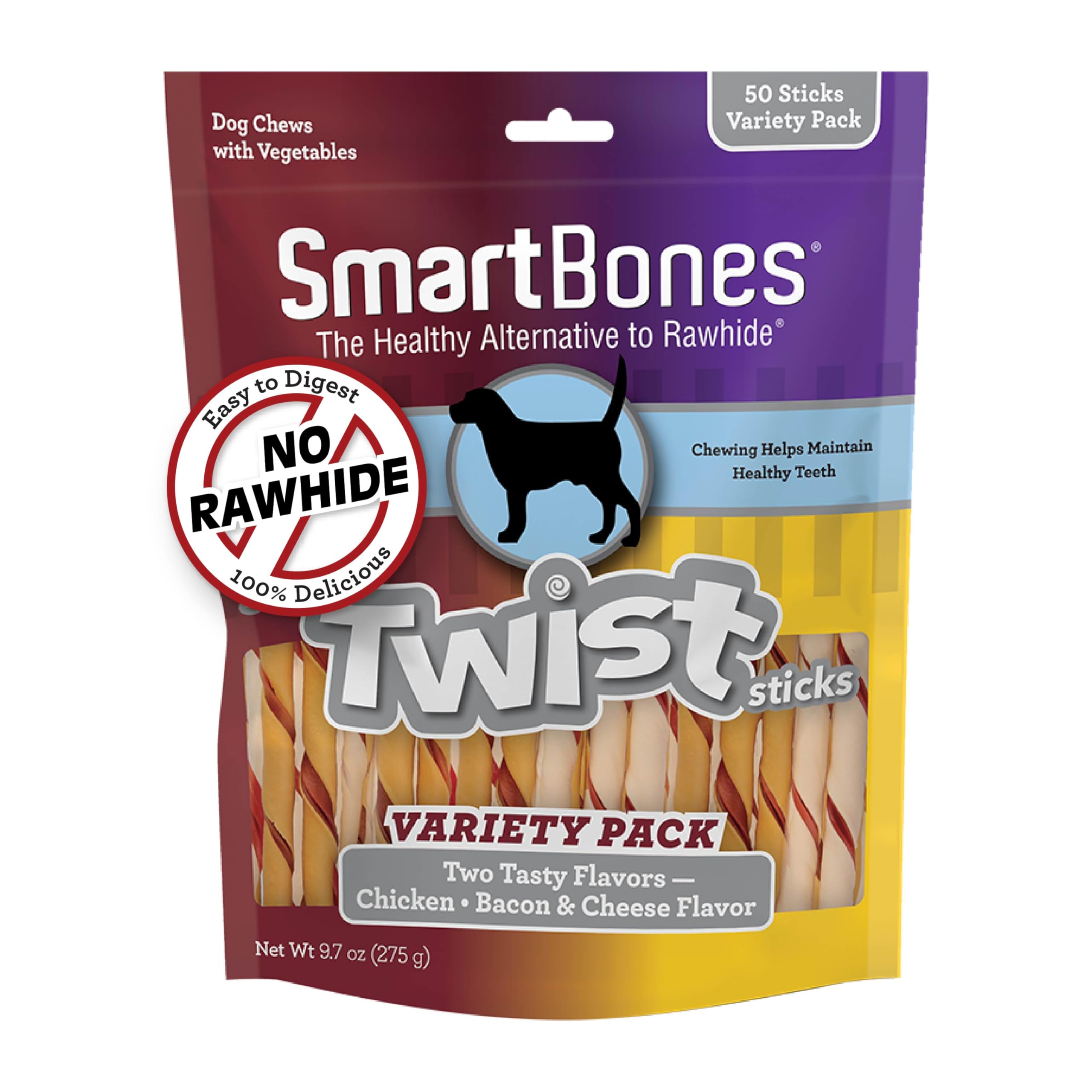 SmartBones Twist Sticks Variety Pack 50 Count, Rawhide-Free Chews For Dogs Made With Real Chicken Or Bacon And Cheese Flavor (SB