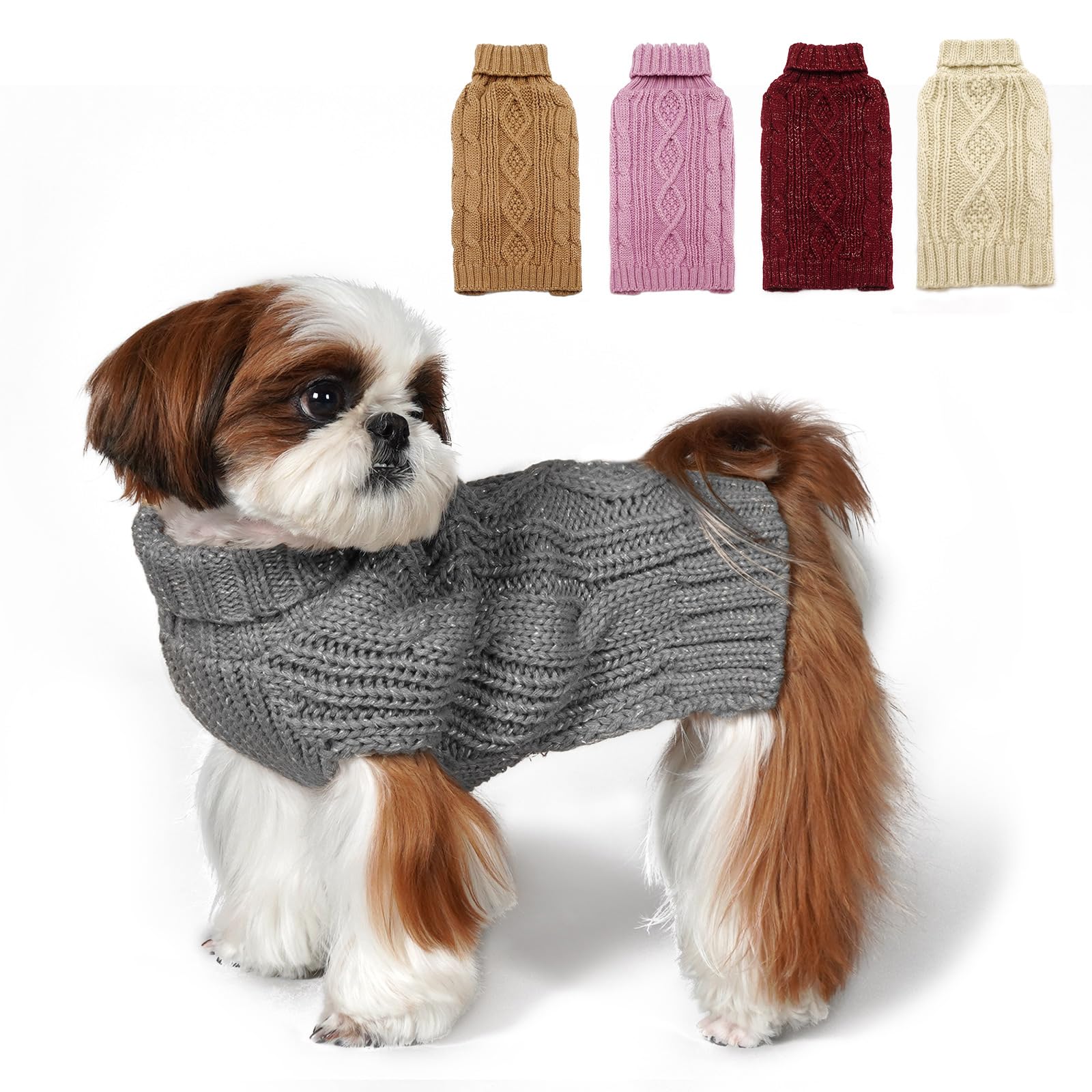 Kyeese Dog Sweaters For Medium Dogs With Golden Thread Turtleneck Dog Cable Knit Pullover Sweaters For Cold Weather, Grey, X-Lar