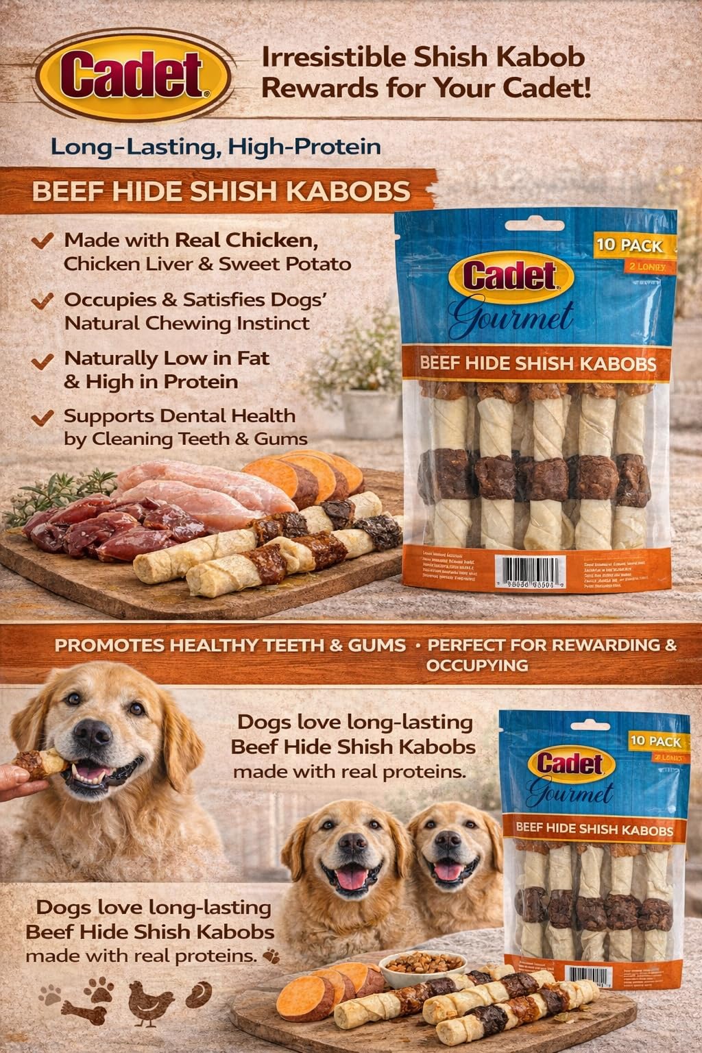 Cadet X-Large Dog Treat, 4-in-1 Beef Hide Shish Kabobs, 10 ct