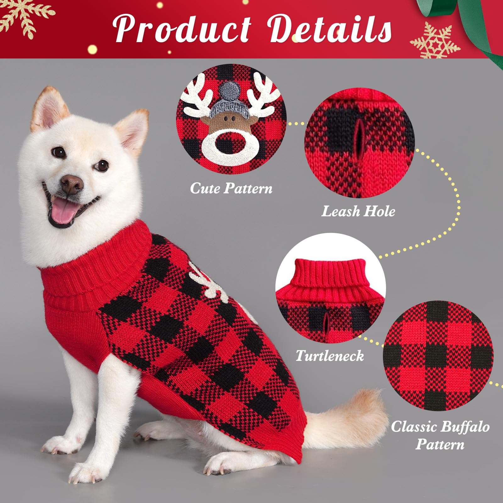 Kyeese Dog Christmas Sweater Reindeer Small Dogs Christmas Sweater Red Buffalo Check With Leash Hole Pet Sweater Dog Christmas O