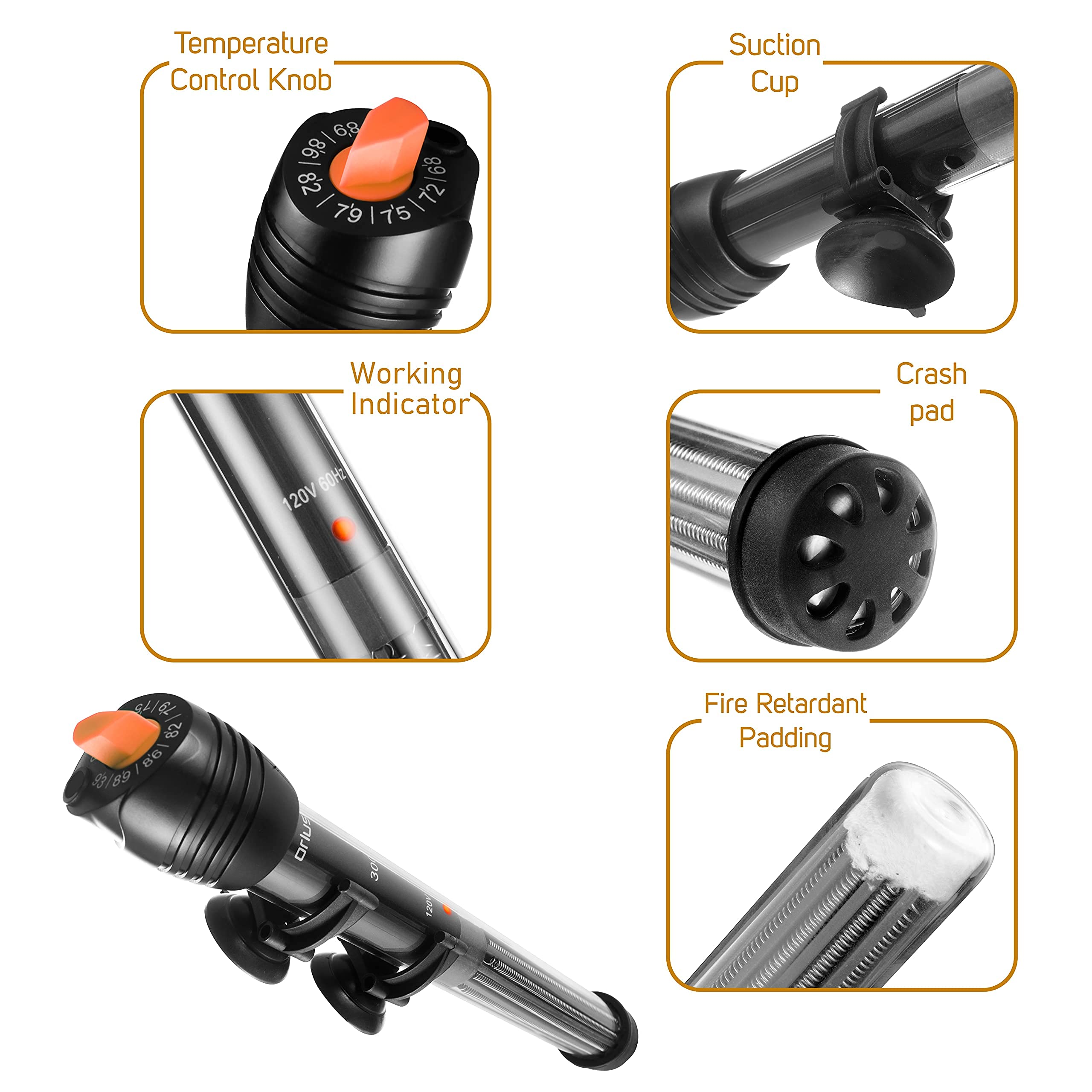 Orlushy 150W Submersible Aquarium Heater - Adjustable, Glass, Includes Thermometer, Suitable for Freshwater & Marine Saltwater