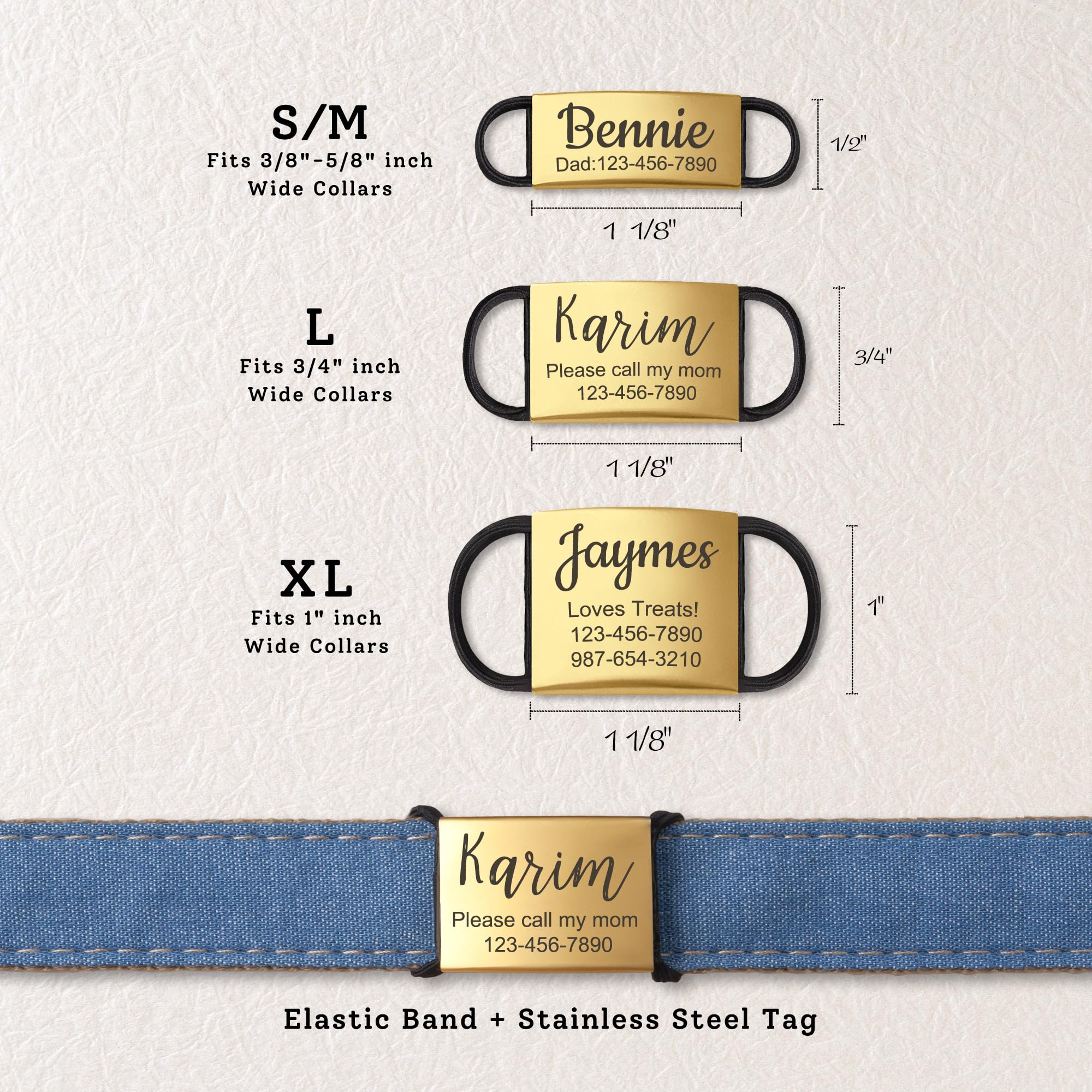 Anavia Slide On Silent Pet Id Tags, S/M/L/Xl Personalized Stainless Steel Cat Dog Tag With Elastic Fabric Band, Engraved Namepla