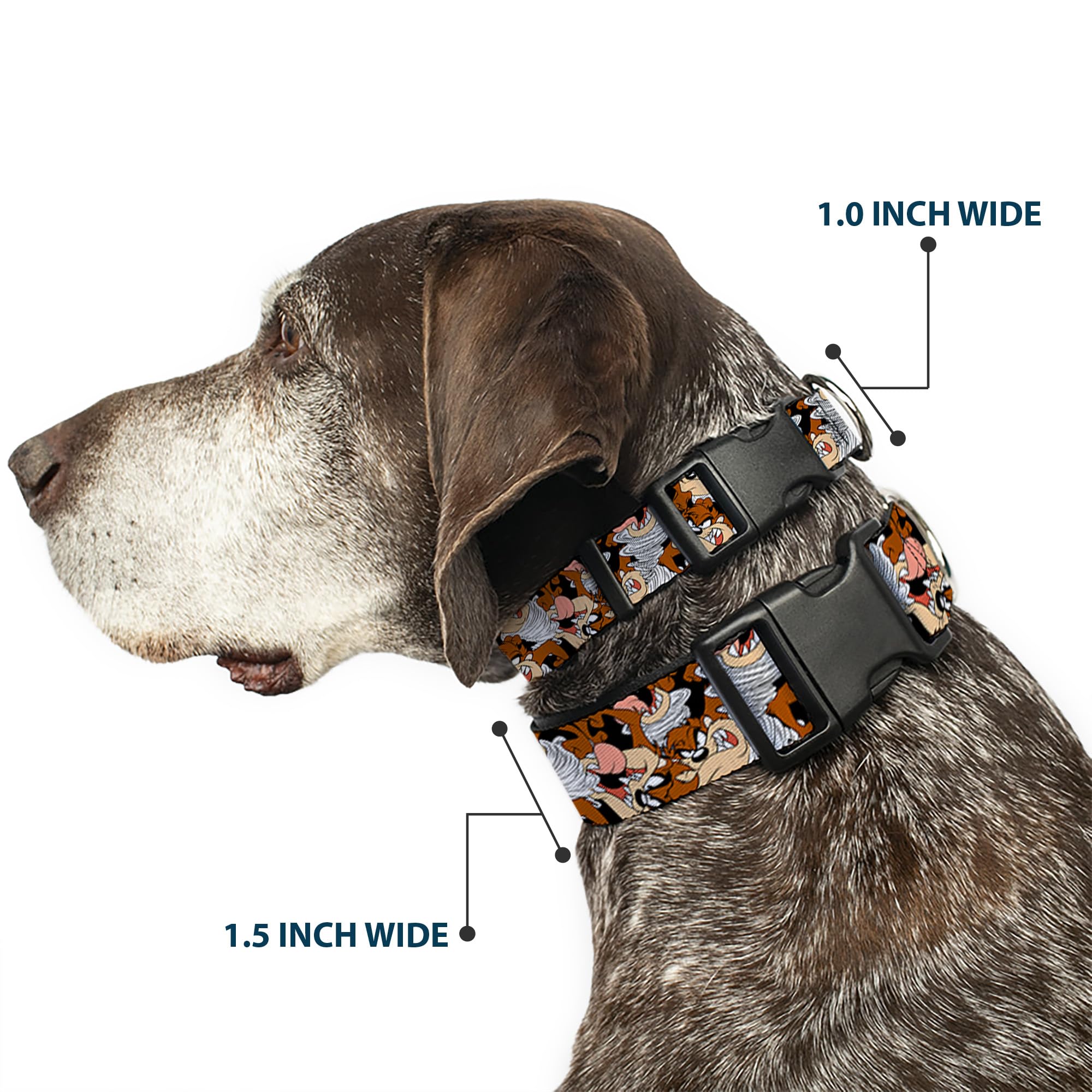 Dog Collar Plastic Clip Tasmanian Devil Vortex Poses Stacked Black 6 To 9 Inches 0.5 Inch Wide