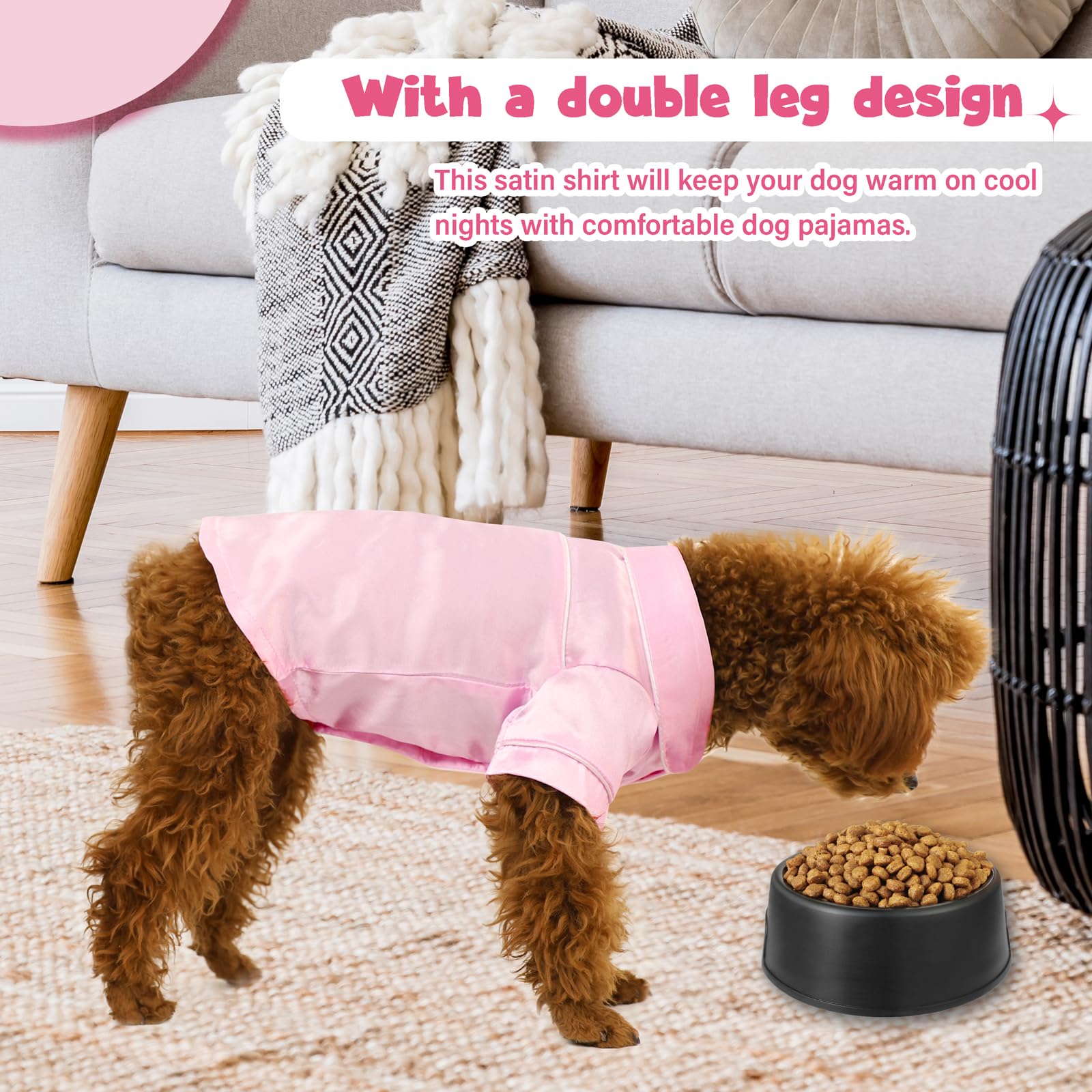 Dog Lapel Silk Sleepwear Soft Two-Legged Shirt Outfit For Small Girl Dogs Christmas Holiday Birthday Party (Pink, L)