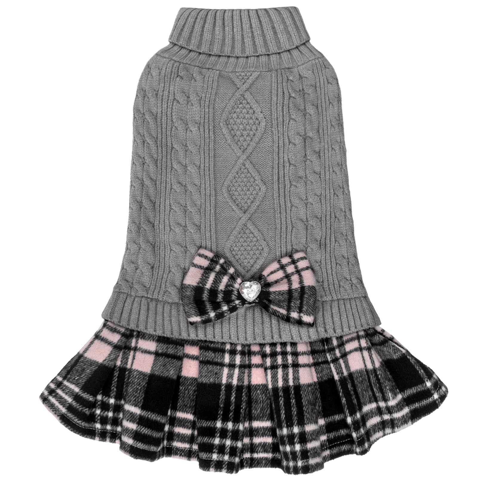 Kyeese Dogs Sweater Dress With Leash Hole For Small Dogs Plaid With Bowtie Turtleneck Dog Pullover Knitwear Puppy Cat Sweaters Grey