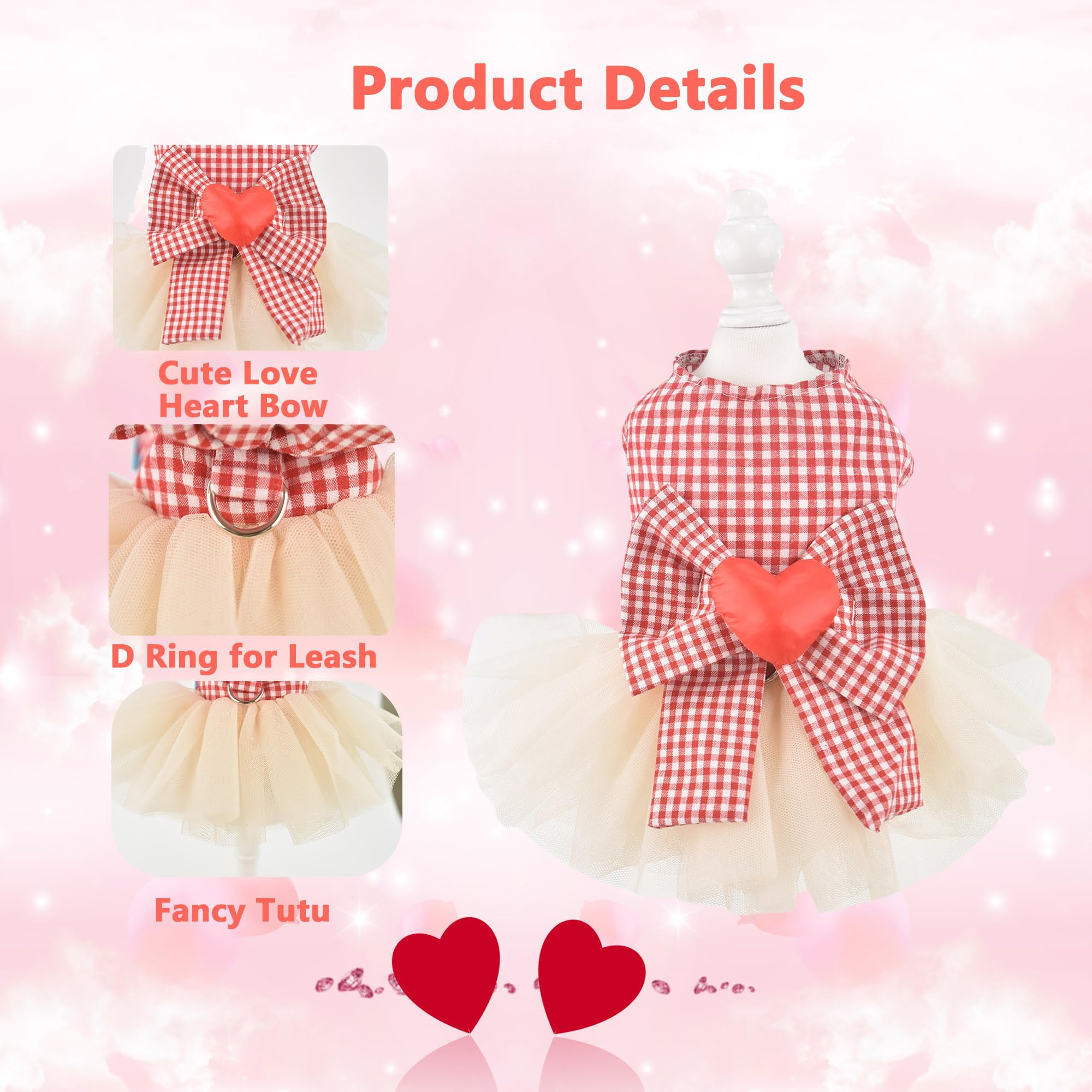 Fladorepet Dog Dress With Leash Ring,Holiday Dog Clothes Love Heart Tulle Pet Dresses For Small Dogs Girls Party Outfit Puppy Ca