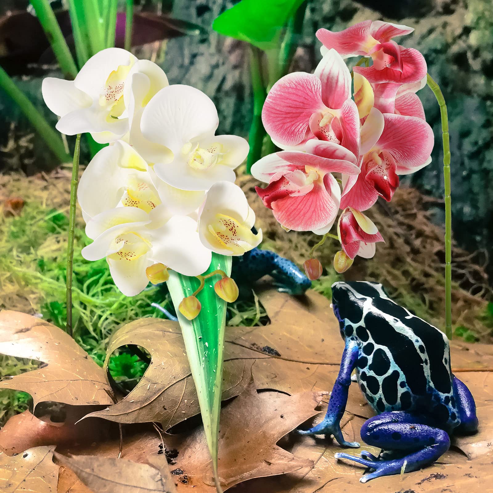 Chuangdi 2 Pieces Artificial Phalaenopsis With Suction Cups Terrarium Plant Decoration Reptile Habitat Plant Decor For Hermit Crab Lizards Geckos Snake Reptile (Dark Pink, White Yellow)