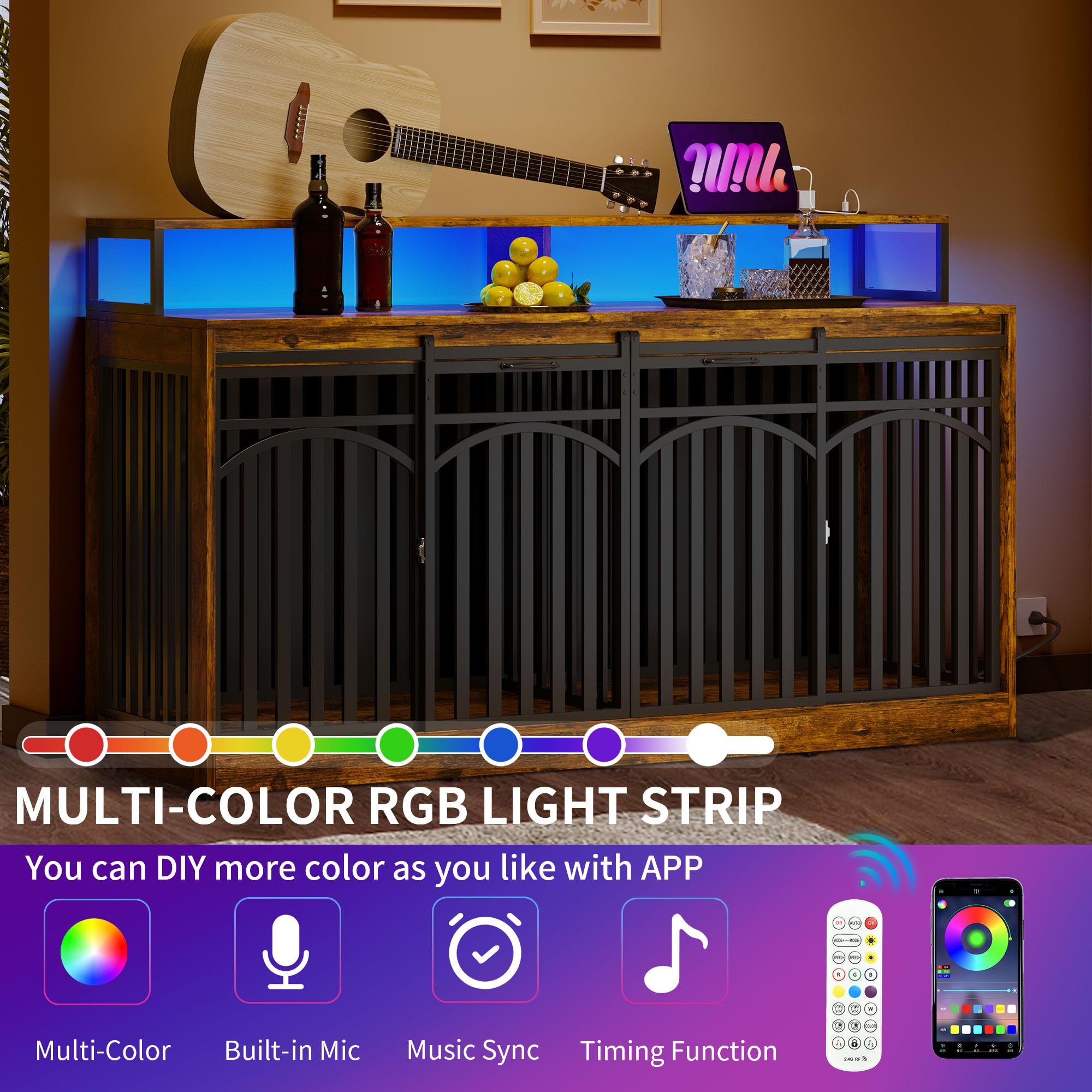 DWVO 71 Double Dog Crate Furniture with LED Light & Power Outlets, Heavy Duty Dual Dog Kennel TV Stand w Storage Shelves Sliding